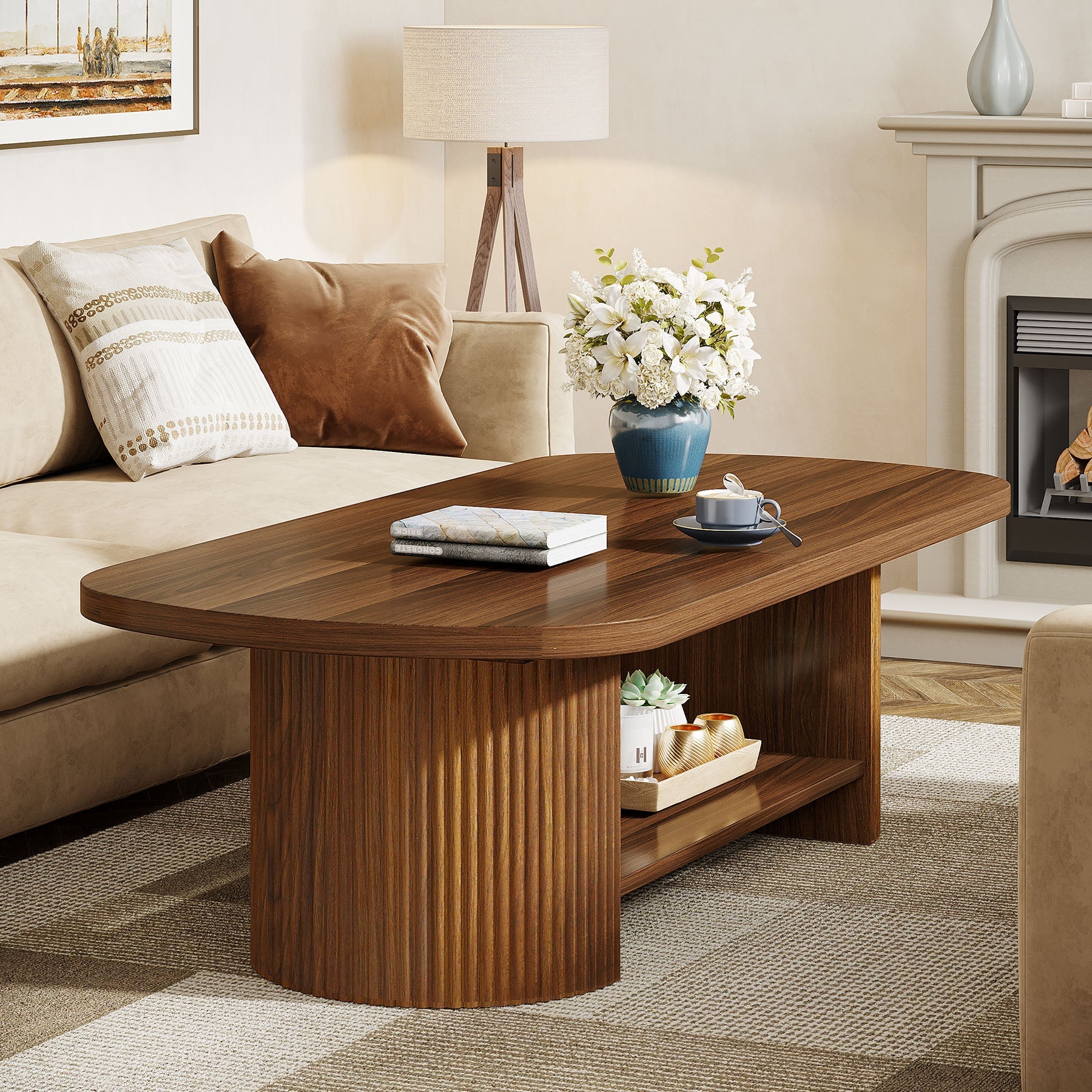 45" Coffee Table, Modern Oval 2-Tier Center Table With Storage - Image 3