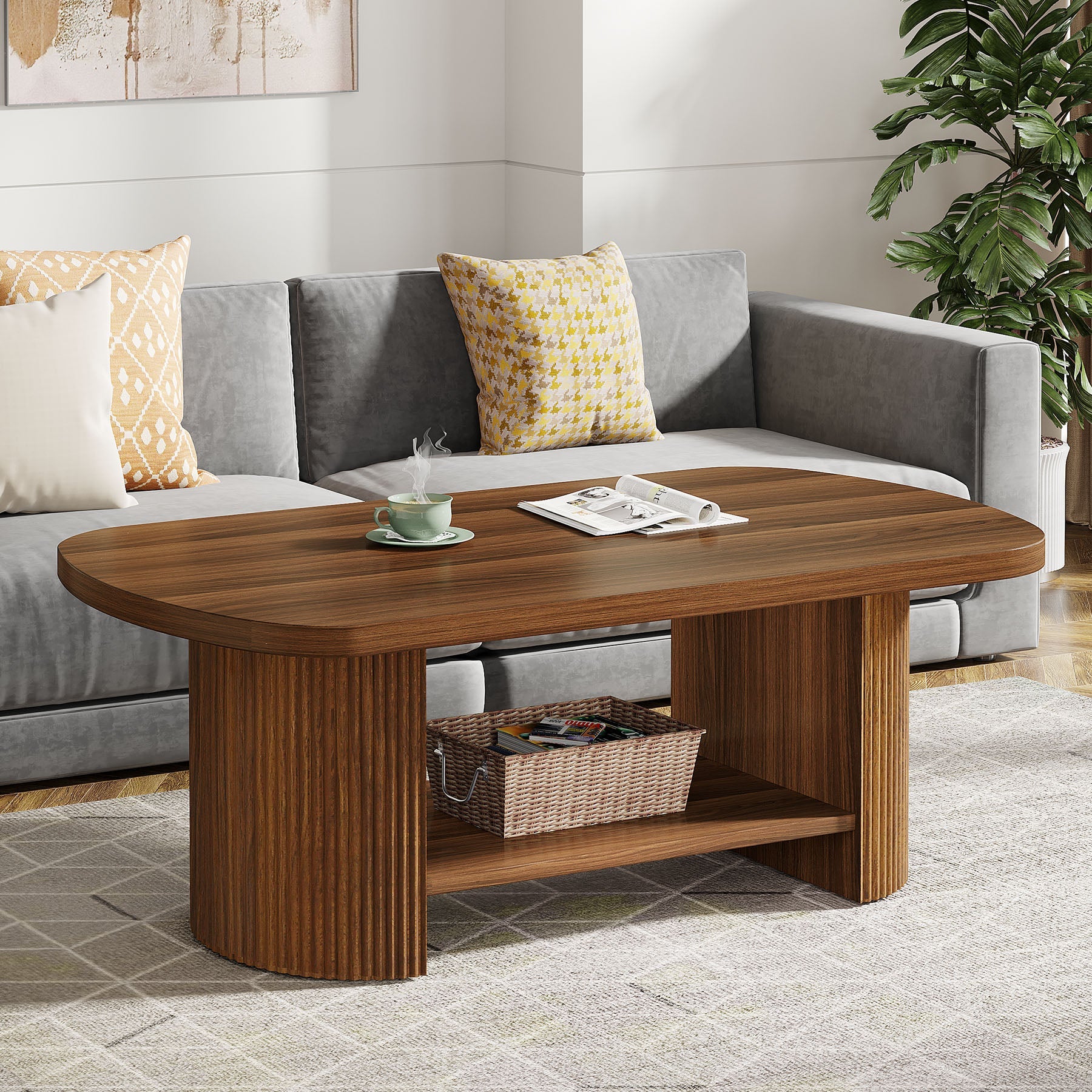 45" Coffee Table, Modern Oval 2-Tier Center Table With Storage - Image 4