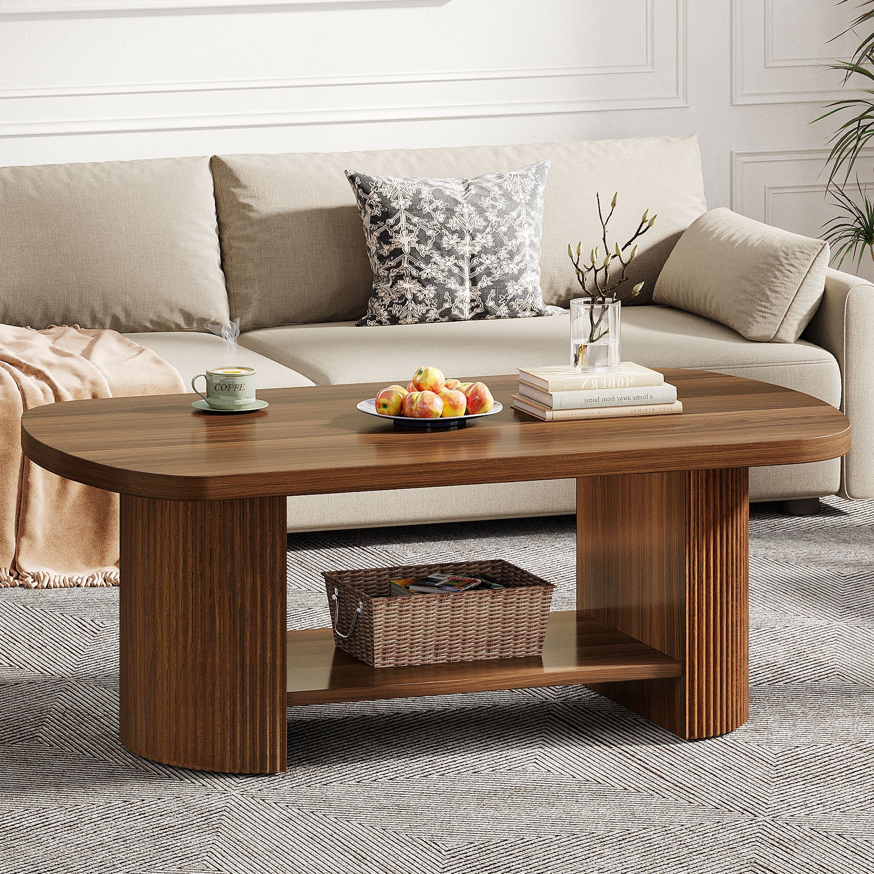 45" Coffee Table, Modern Oval 2-Tier Center Table With Storage - Image 5