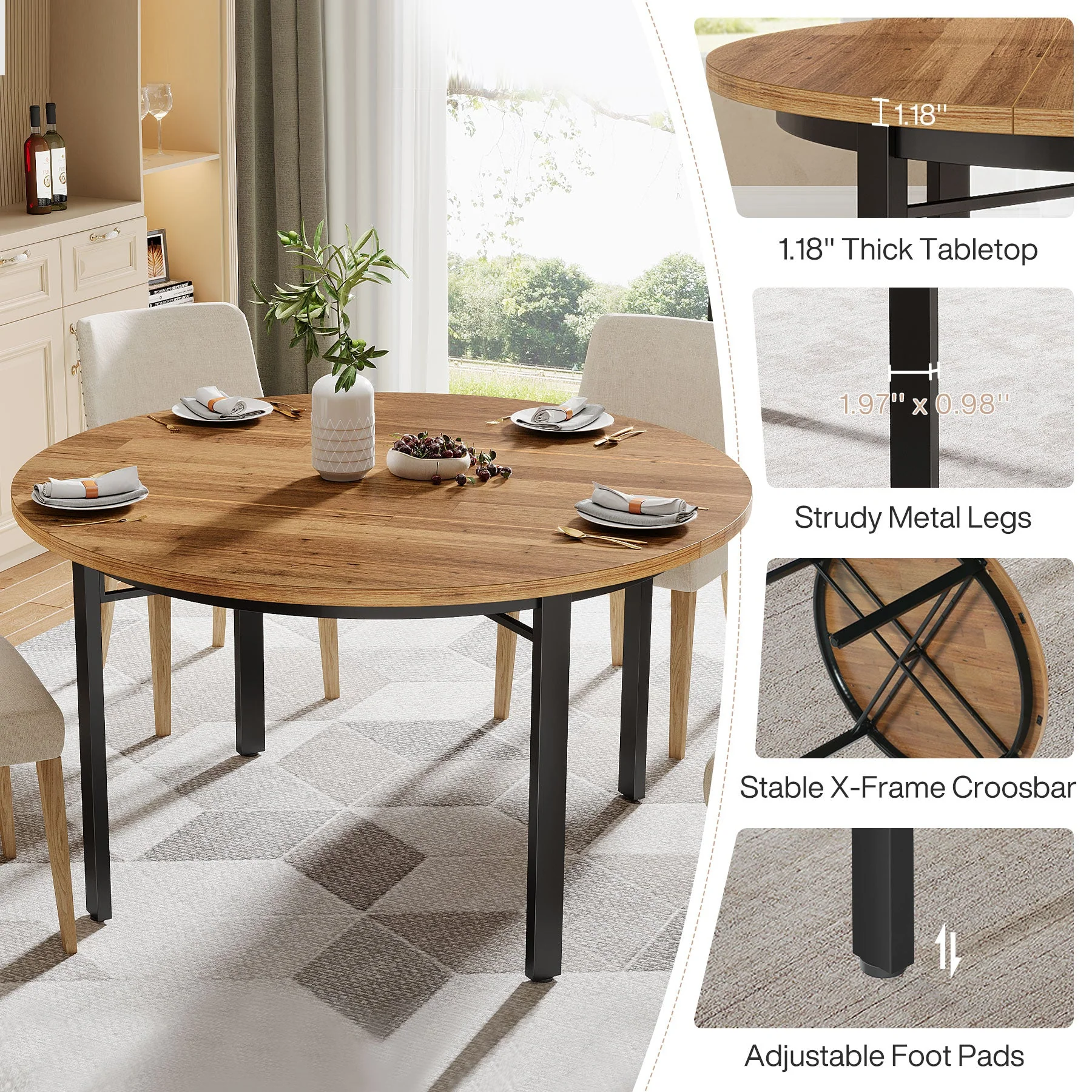 46" Round Dining Table, Farmhouse Kitchen Table Dinner Table for 4-6 People - Image 6
