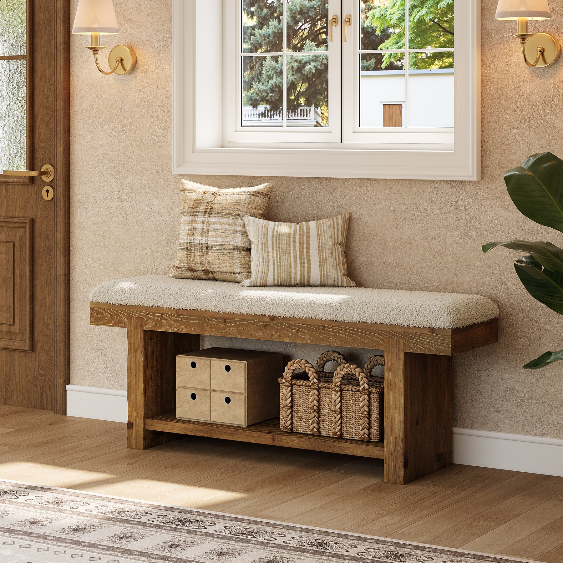 Tribesigns 47.2-Inch Farmhouse Entryway Bench with Storage Shelf, Solid Wood Upholstered Shoe Bench for Mudroom - Image 7