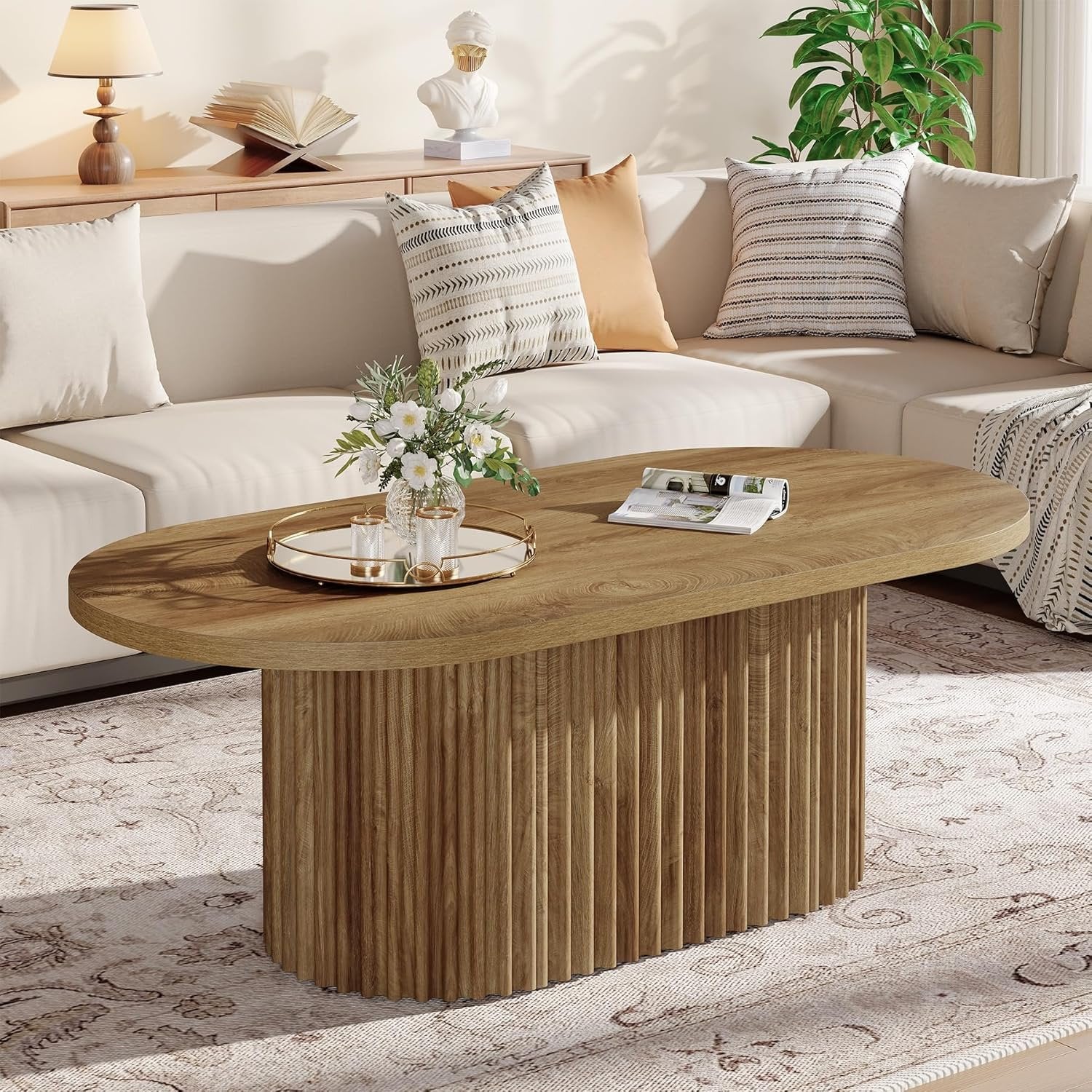 47.2" Oval Coffee Table, Farmhouse Wooden Center Table with Fluted Design for Living Room - Image 3