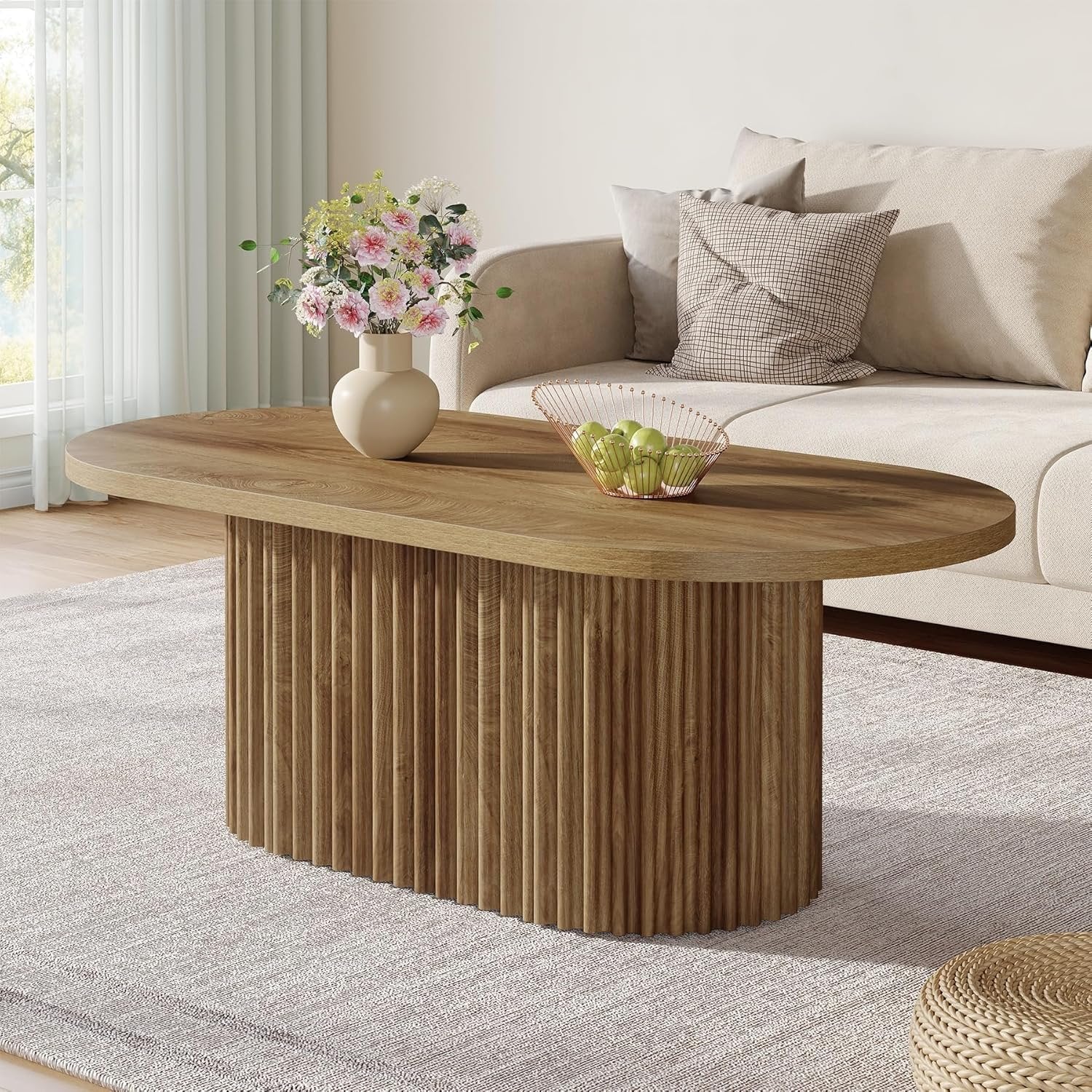 47.2" Oval Coffee Table, Farmhouse Wooden Center Table with Fluted Design for Living Room - Image 4