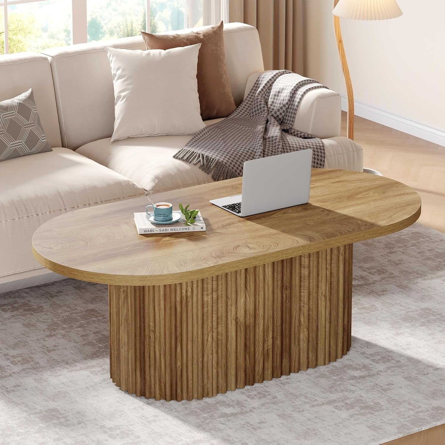 47.2" Oval Coffee Table, Farmhouse Wooden Center Table with Fluted Design for Living Room - Image 5