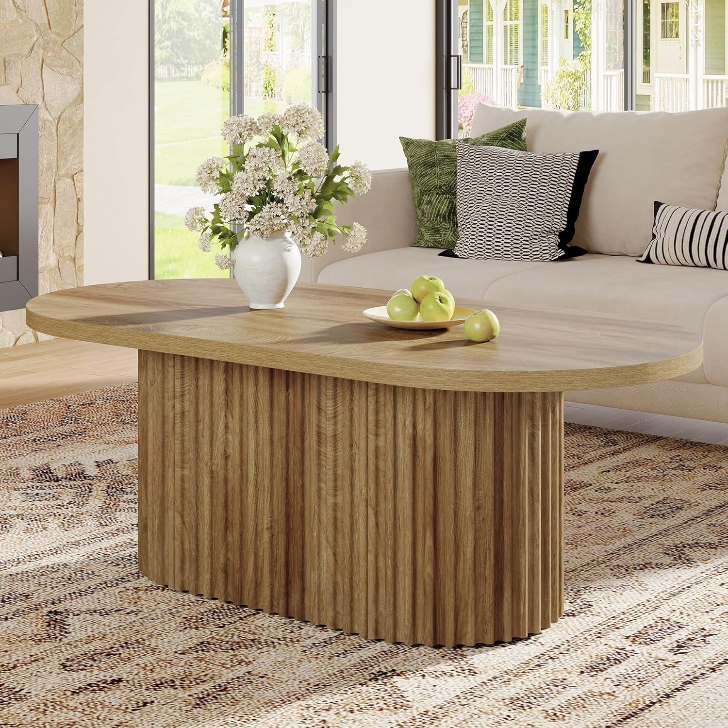 47.2" Oval Coffee Table, Farmhouse Wooden Center Table with Fluted Design for Living Room - Image 6