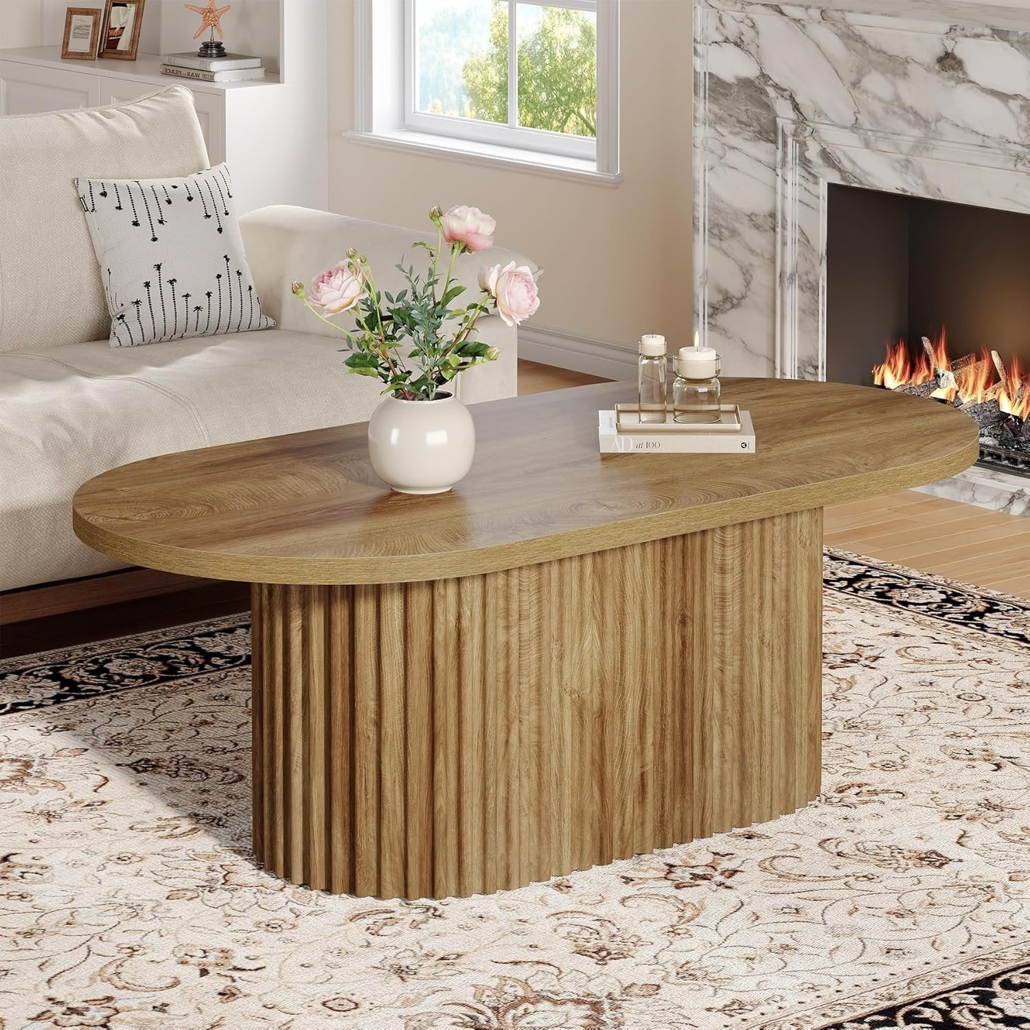 47.2" Oval Coffee Table, Farmhouse Wooden Center Table with Fluted Design for Living Room - Image 7
