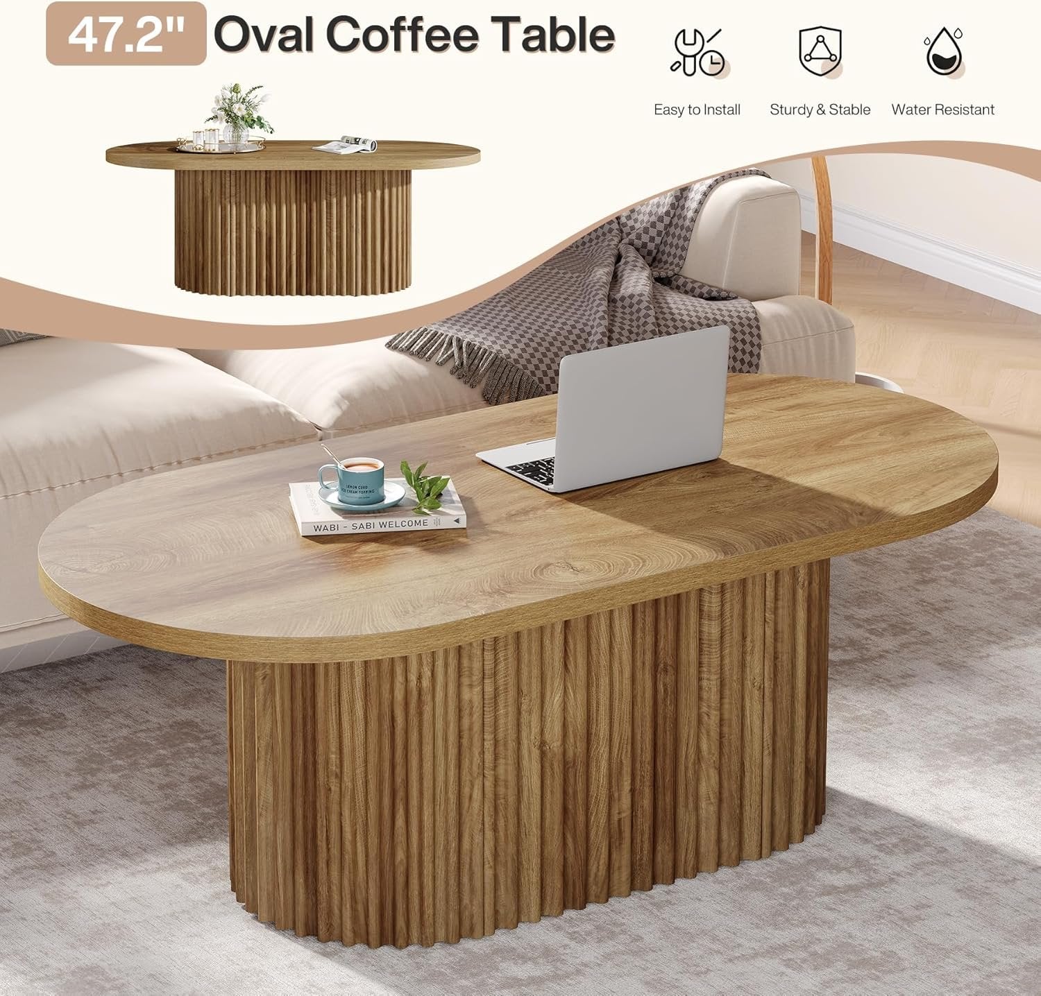 47.2" Oval Coffee Table, Farmhouse Wooden Center Table with Fluted Design for Living Room - Image 8