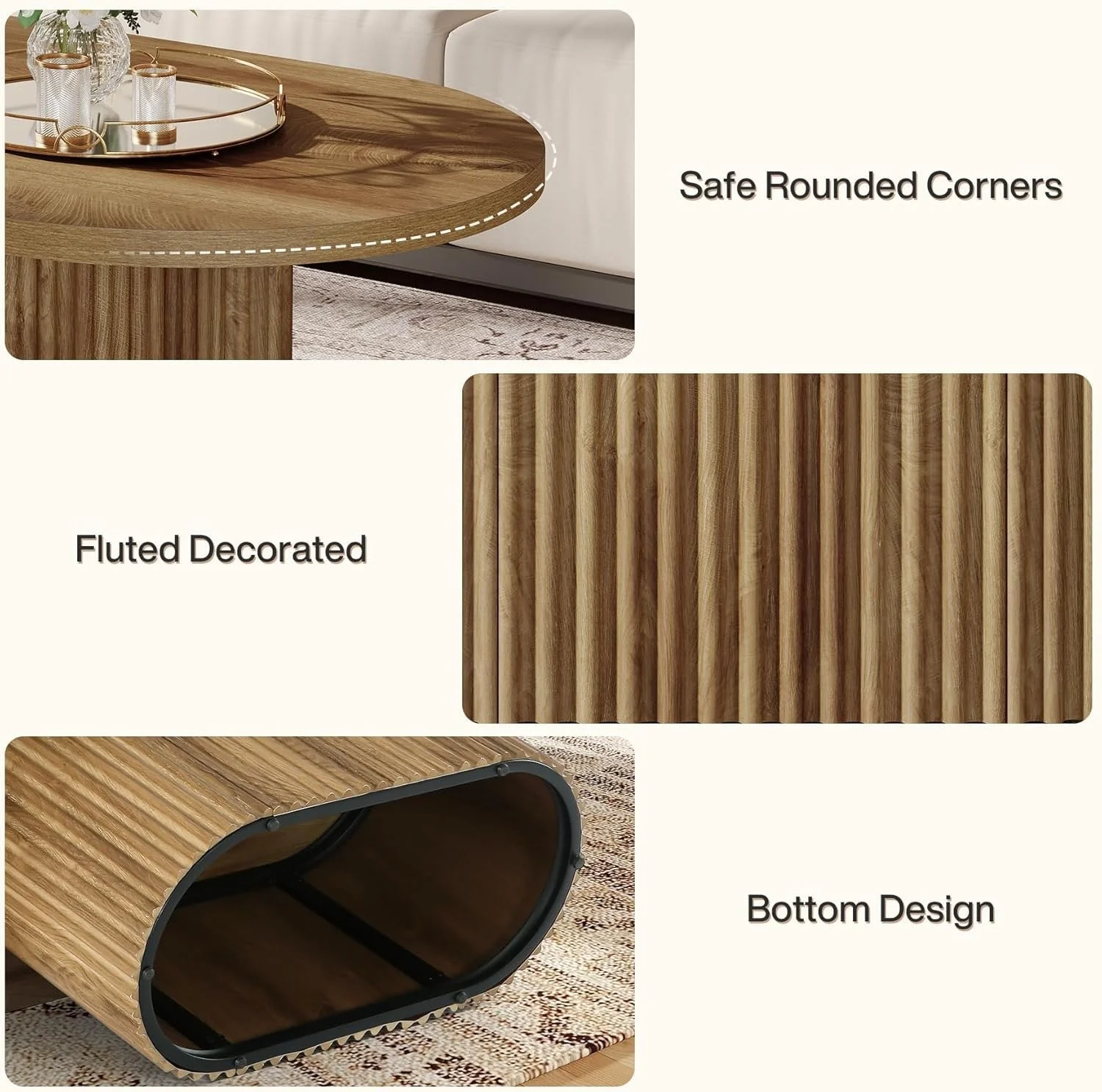 47.2" Oval Coffee Table, Farmhouse Wooden Center Table with Fluted Design for Living Room - Image 9