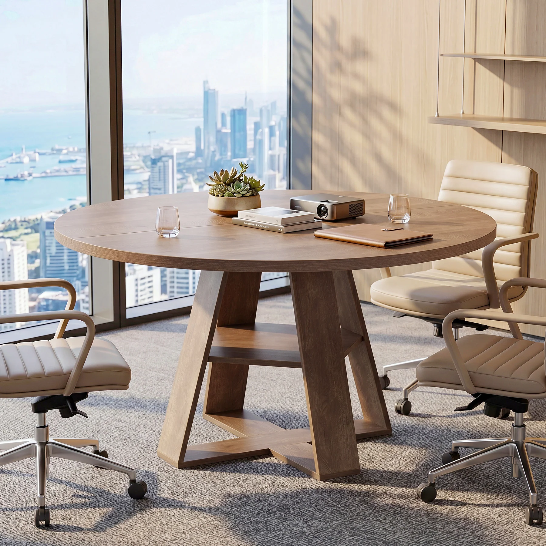 Tribesigns 47.24-Inch Round Conference Table for 4, Office Meeting Table with Lower Storage Shelf and X-Cross Base for Conference Room - Image 8