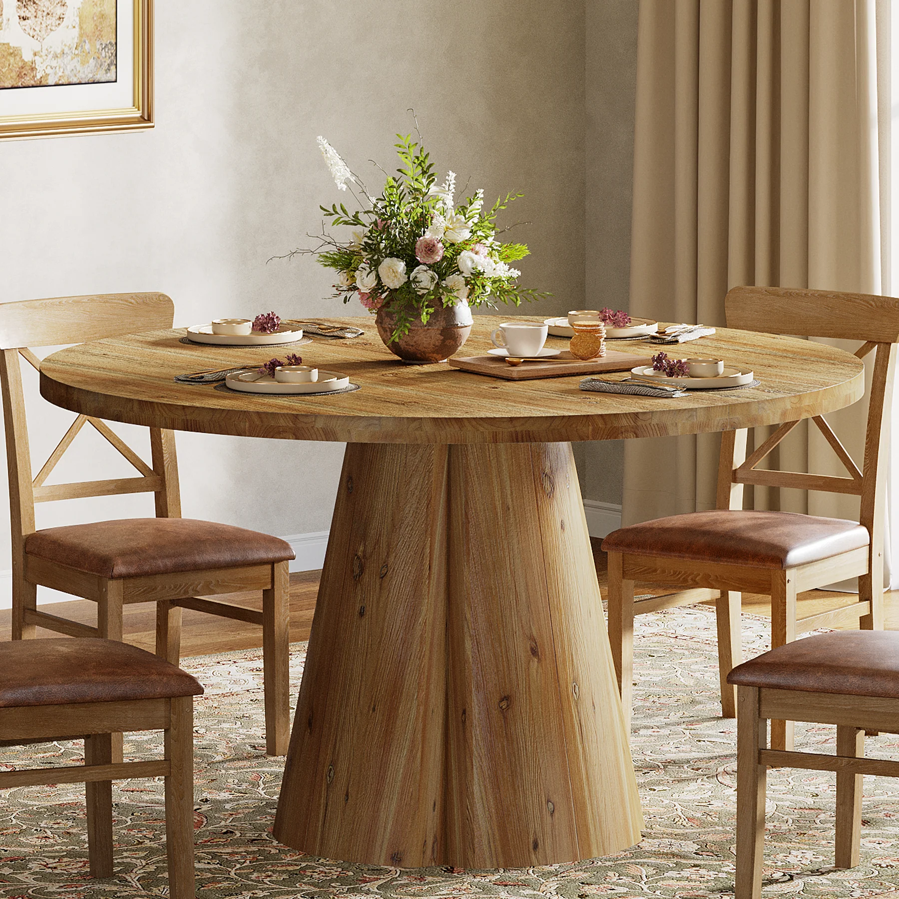 Tribesigns 47.24-Inch Solid Wood Dining Table, Farmhouse Round Kitchen Table with Pedestal Base for Dining Room - Image 11