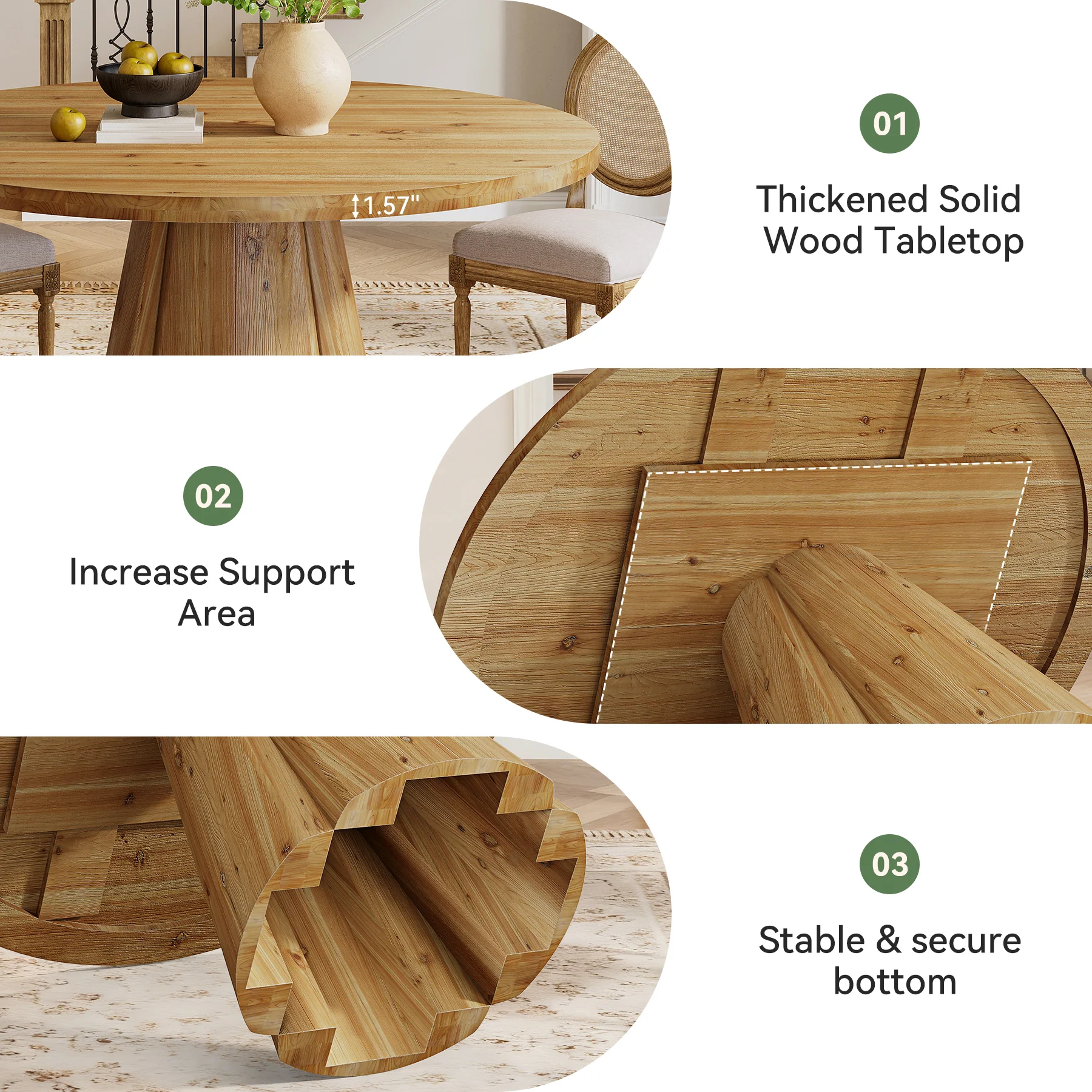 Tribesigns 47.24-Inch Solid Wood Dining Table, Farmhouse Round Kitchen Table with Pedestal Base for Dining Room - Image 4