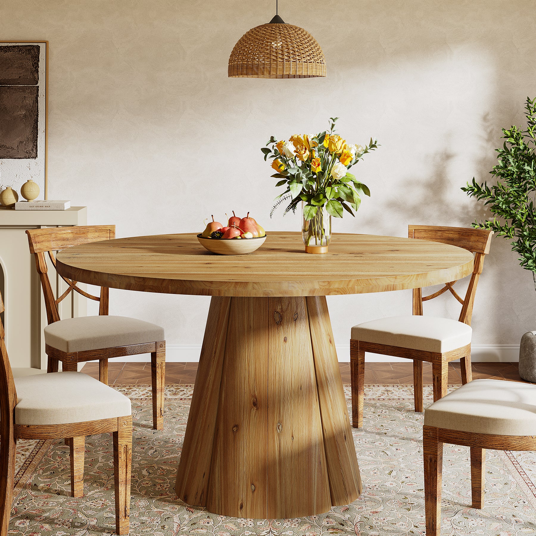 Tribesigns 47.24-Inch Solid Wood Dining Table, Farmhouse Round Kitchen Table with Pedestal Base for Dining Room - Image 5