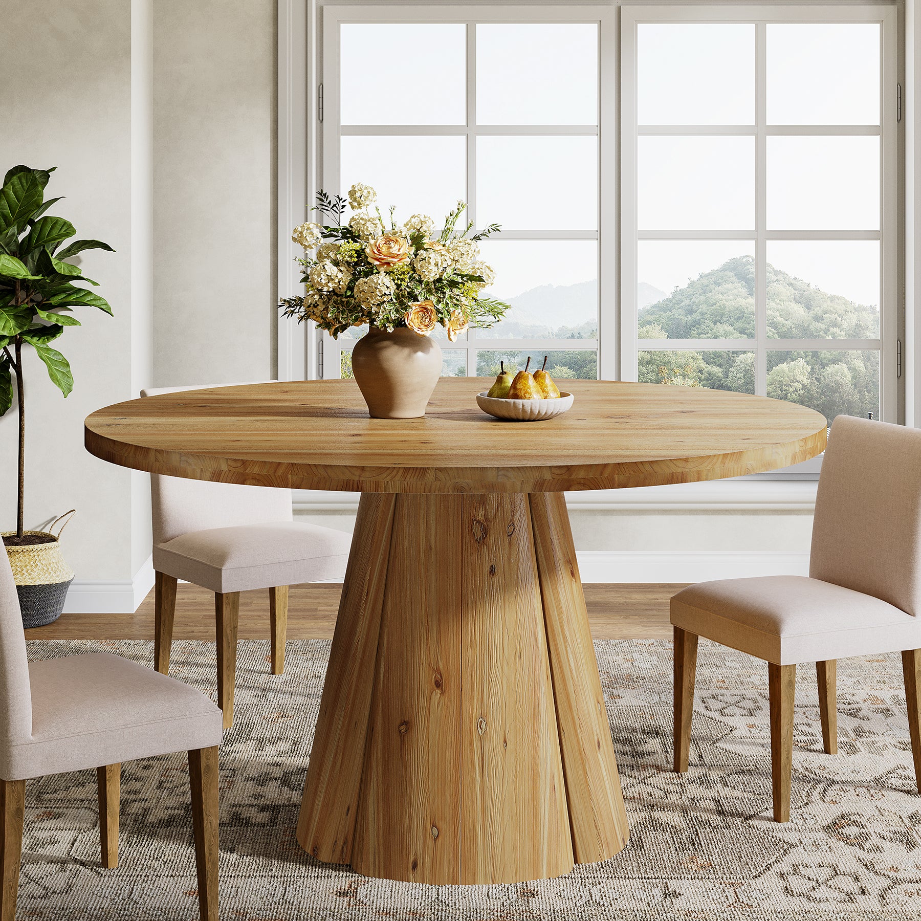 Tribesigns 47.24-Inch Solid Wood Dining Table, Farmhouse Round Kitchen Table with Pedestal Base for Dining Room - Image 7