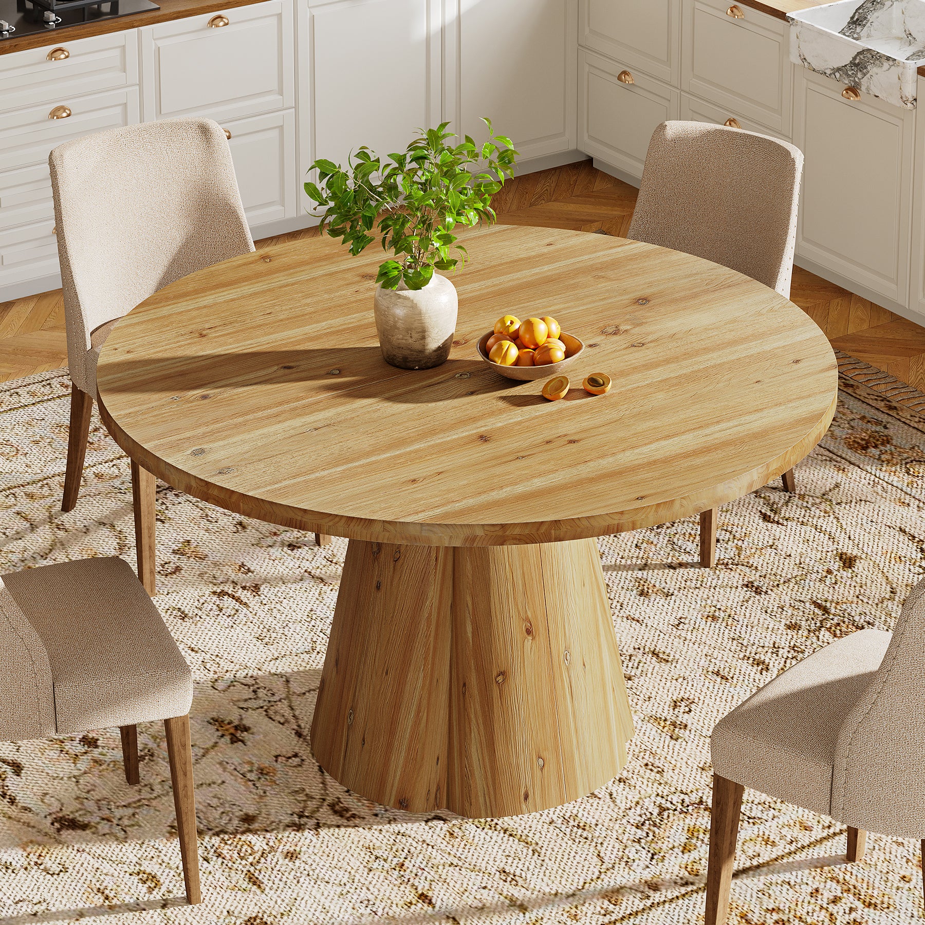 Tribesigns 47.24-Inch Solid Wood Dining Table, Farmhouse Round Kitchen Table with Pedestal Base for Dining Room - Image 8