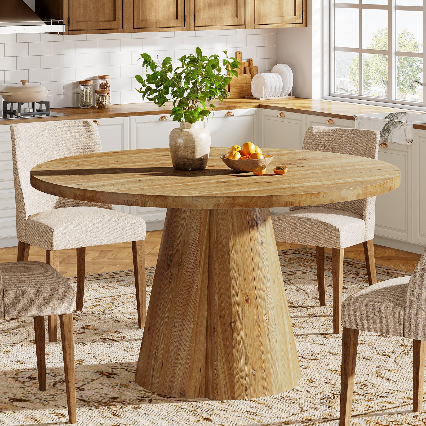 Tribesigns 47.24-Inch Solid Wood Dining Table, Farmhouse Round Kitchen Table with Pedestal Base for Dining Room - Image 9