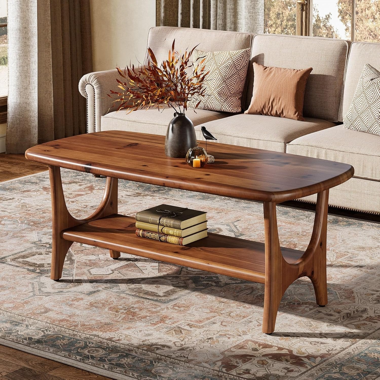 47.24" Mid-Century Modern Solid Wood Coffee Table, Two-Tier Rectangle Center Table - Image 3