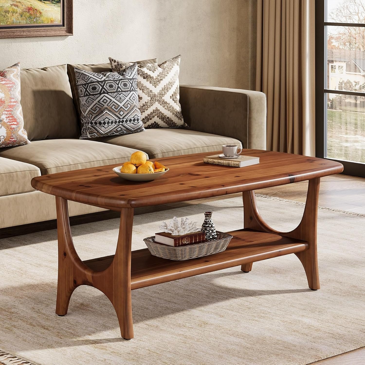 47.24" Mid-Century Modern Solid Wood Coffee Table, Two-Tier Rectangle Center Table - Image 4