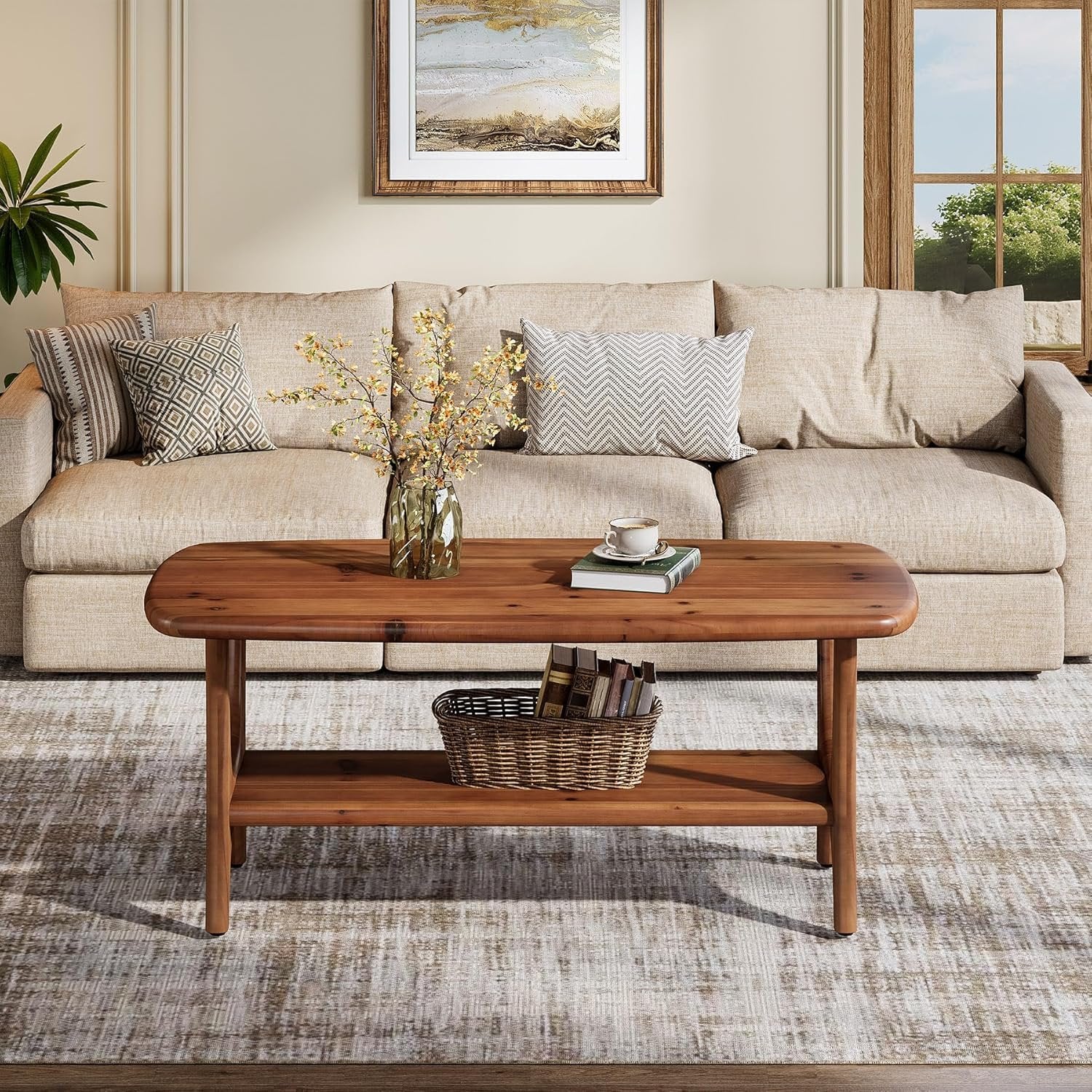 47.24" Mid-Century Modern Solid Wood Coffee Table, Two-Tier Rectangle Center Table - Image 5