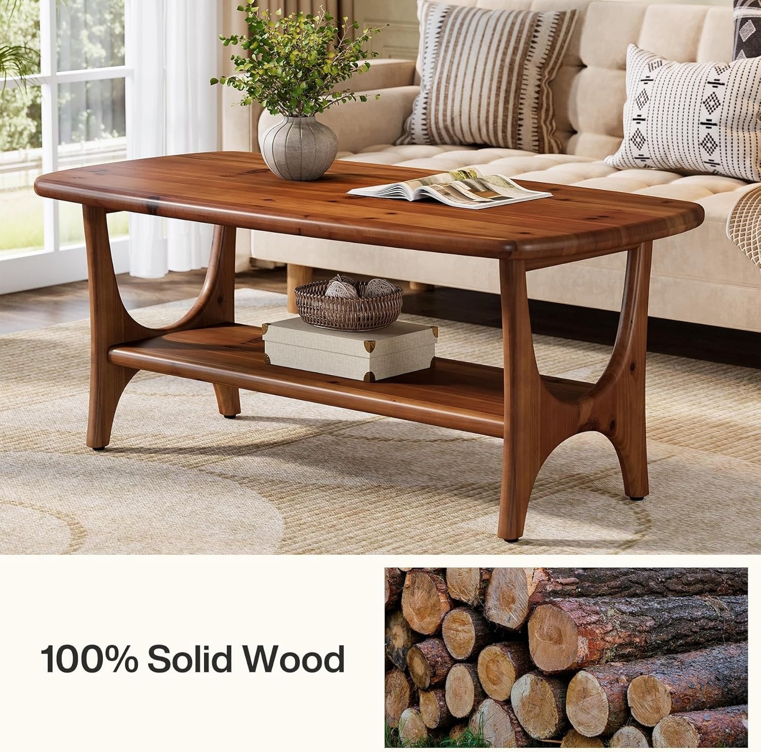 47.24" Mid-Century Modern Solid Wood Coffee Table, Two-Tier Rectangle Center Table - Image 6
