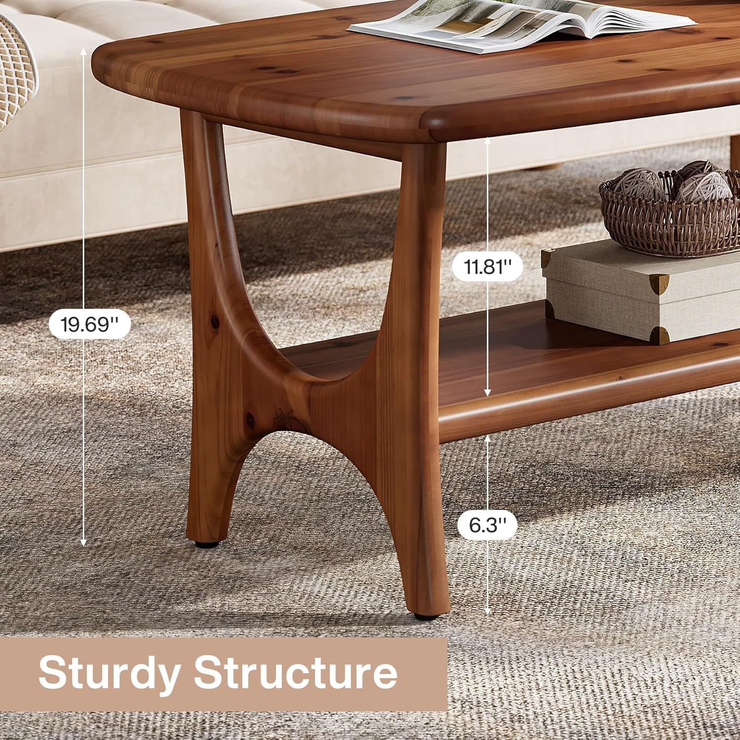 47.24" Mid-Century Modern Solid Wood Coffee Table, Two-Tier Rectangle Center Table - Image 7