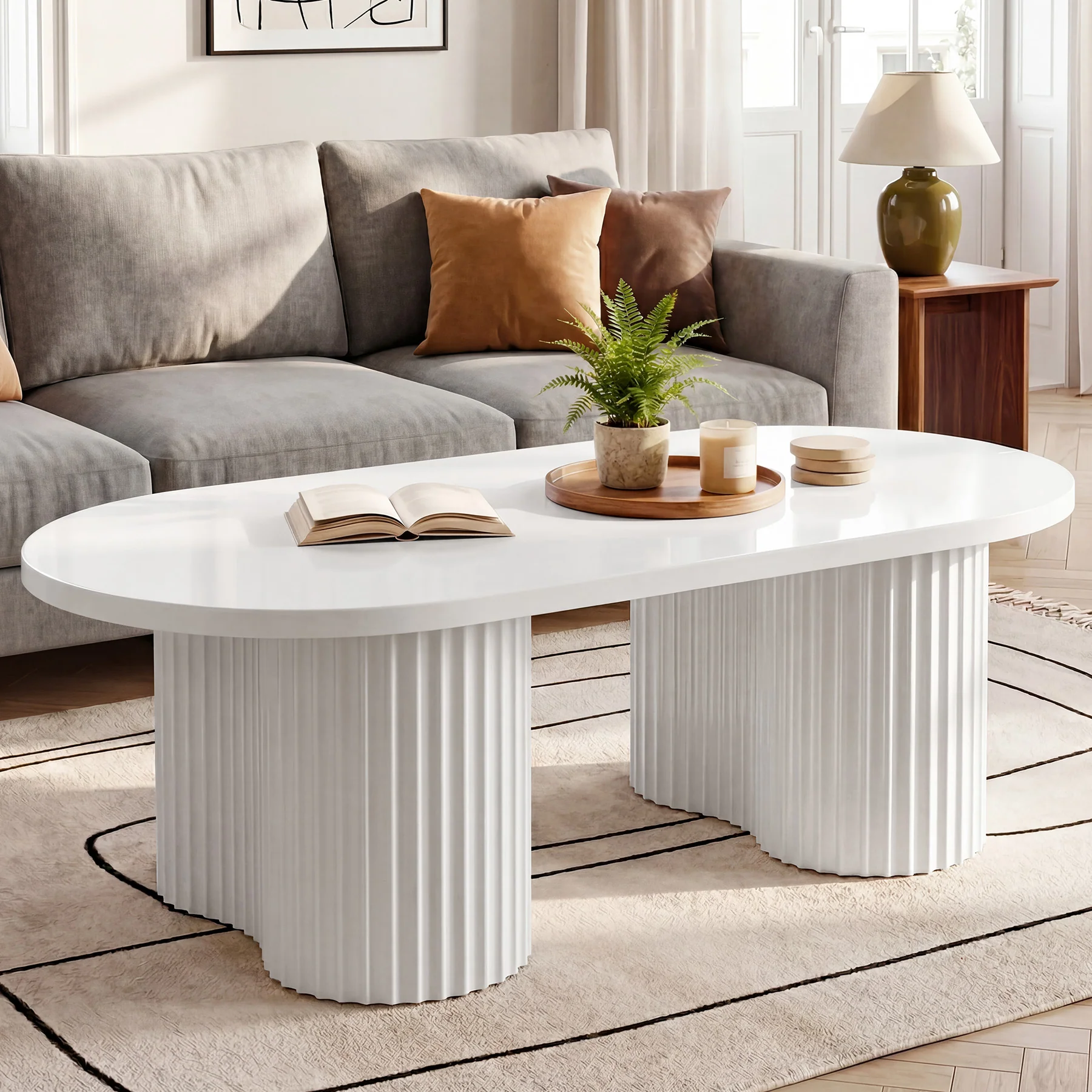 Tribesigns 47-Inch Oval Coffee Table with Fluted Design, Modern White Center Table for Living Room and Office