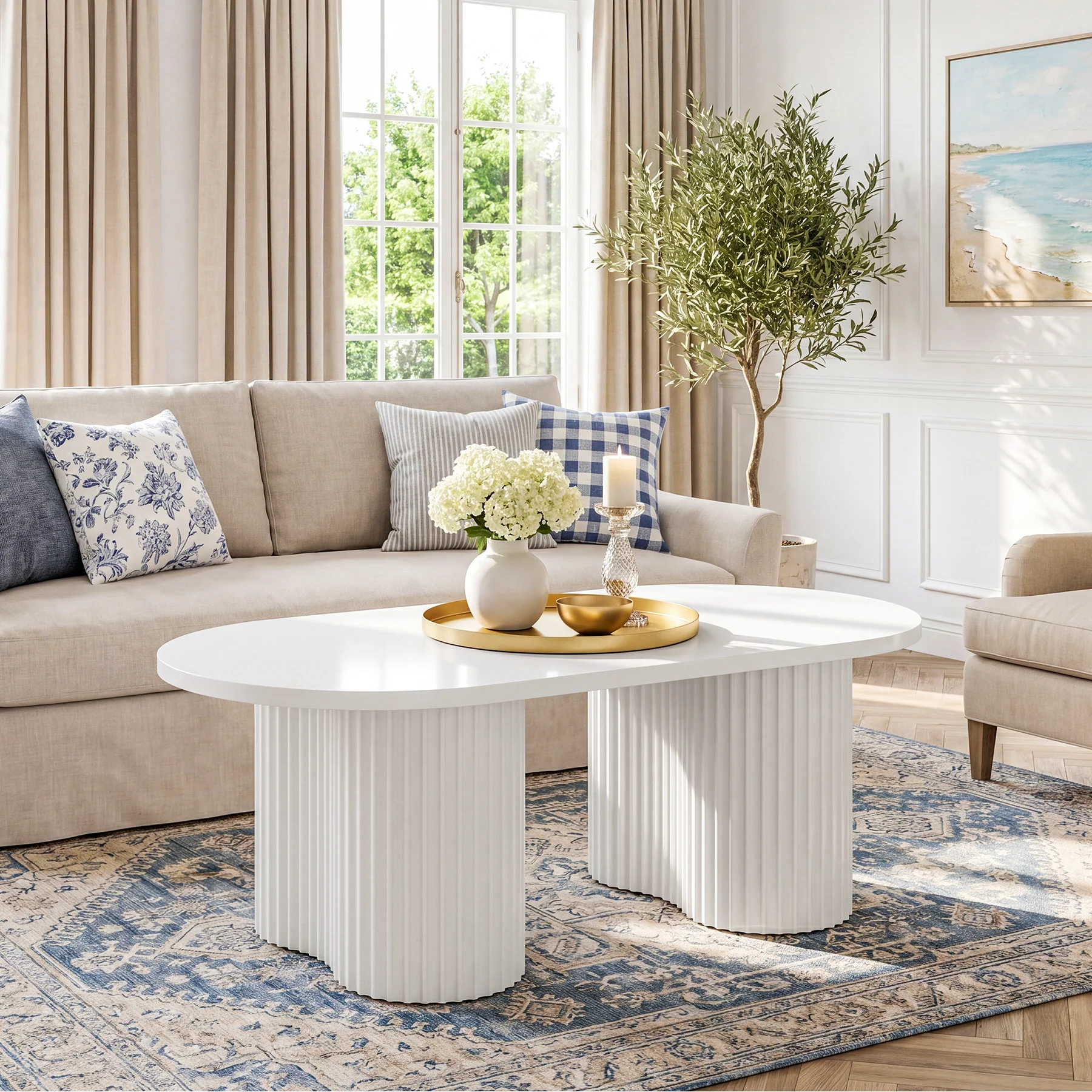 Tribesigns 47-Inch Oval Coffee Table with Fluted Design, Modern White Center Table for Living Room and Office - Image 10