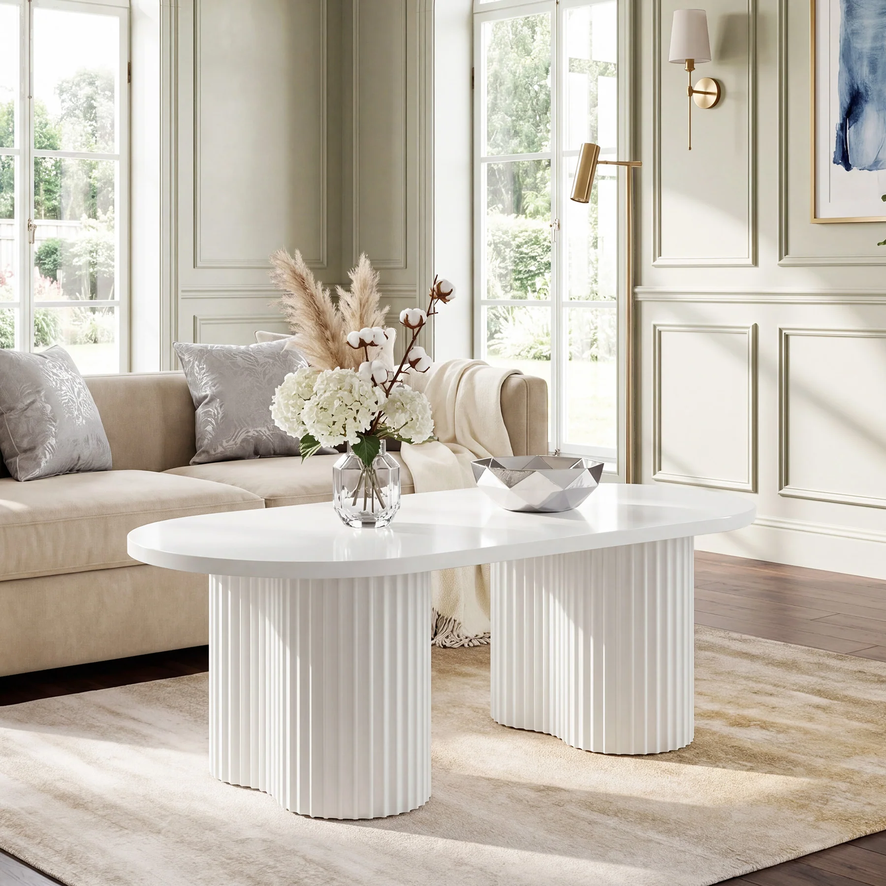 Tribesigns 47-Inch Oval Coffee Table with Fluted Design, Modern White Center Table for Living Room and Office - Image 11