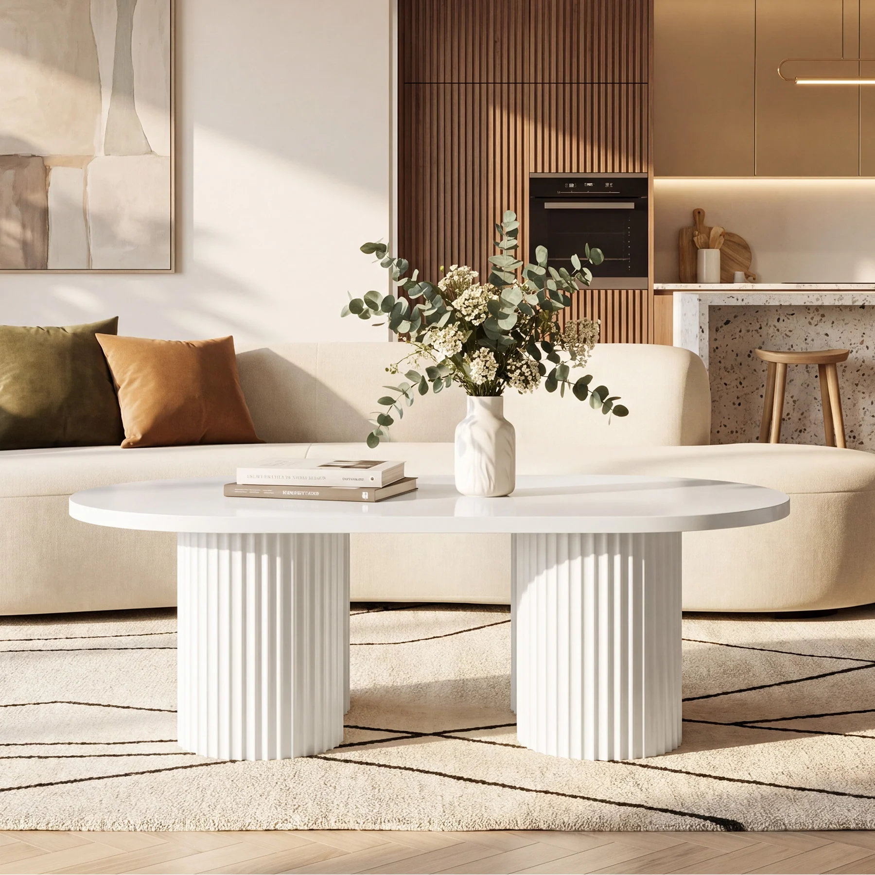 Tribesigns 47-Inch Oval Coffee Table with Fluted Design, Modern White Center Table for Living Room and Office - Image 12