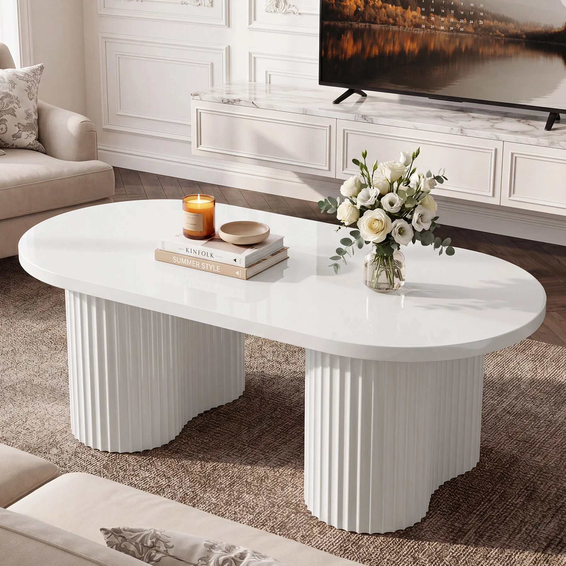 Tribesigns 47-Inch Oval Coffee Table with Fluted Design, Modern White Center Table for Living Room and Office - Image 5