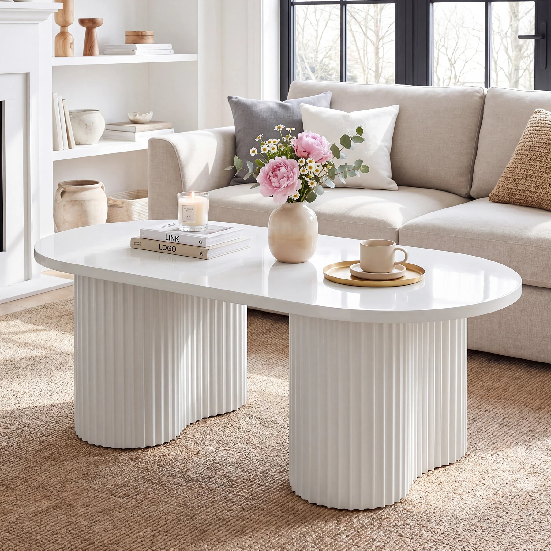 Tribesigns 47-Inch Oval Coffee Table with Fluted Design, Modern White Center Table for Living Room and Office - Image 6