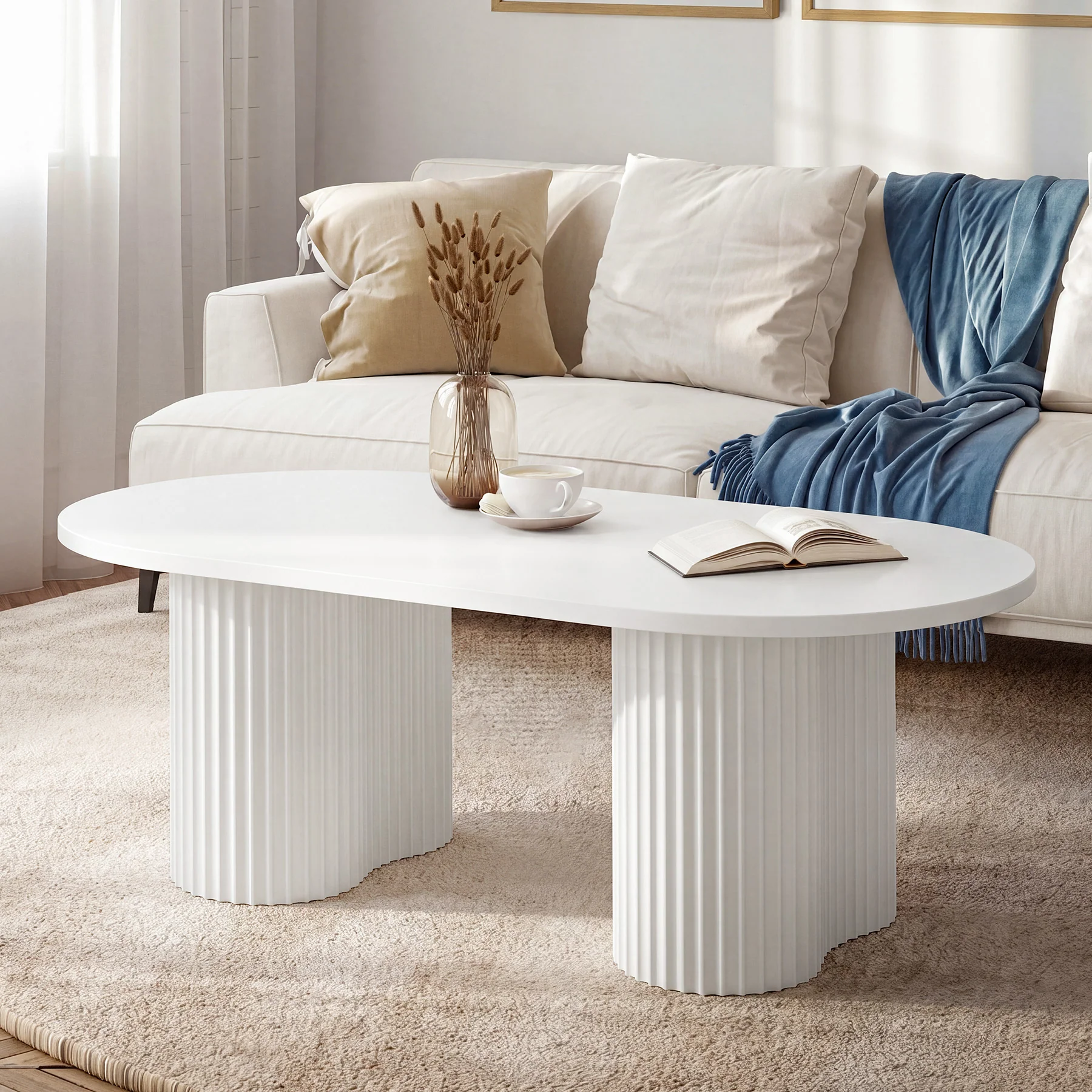 Tribesigns 47-Inch Oval Coffee Table with Fluted Design, Modern White Center Table for Living Room and Office - Image 7