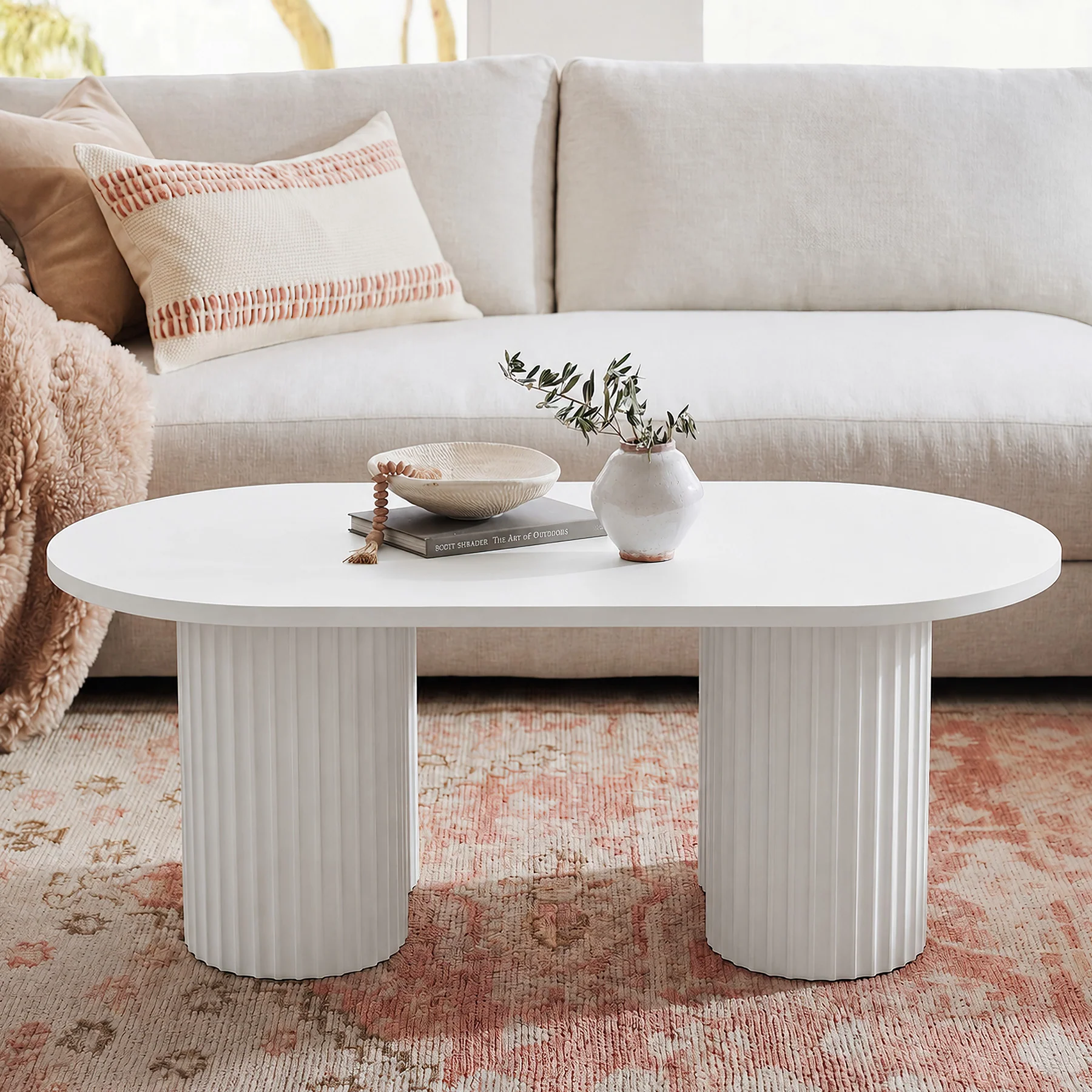 Tribesigns 47-Inch Oval Coffee Table with Fluted Design, Modern White Center Table for Living Room and Office - Image 8