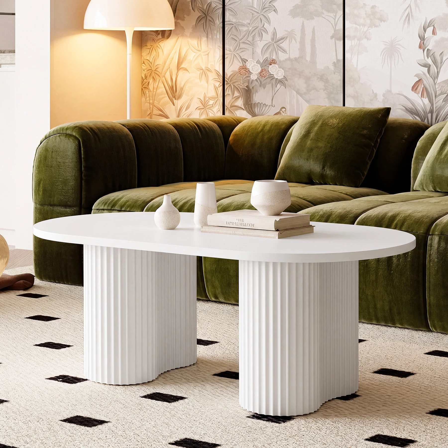 Tribesigns 47-Inch Oval Coffee Table with Fluted Design, Modern White Center Table for Living Room and Office - Image 9