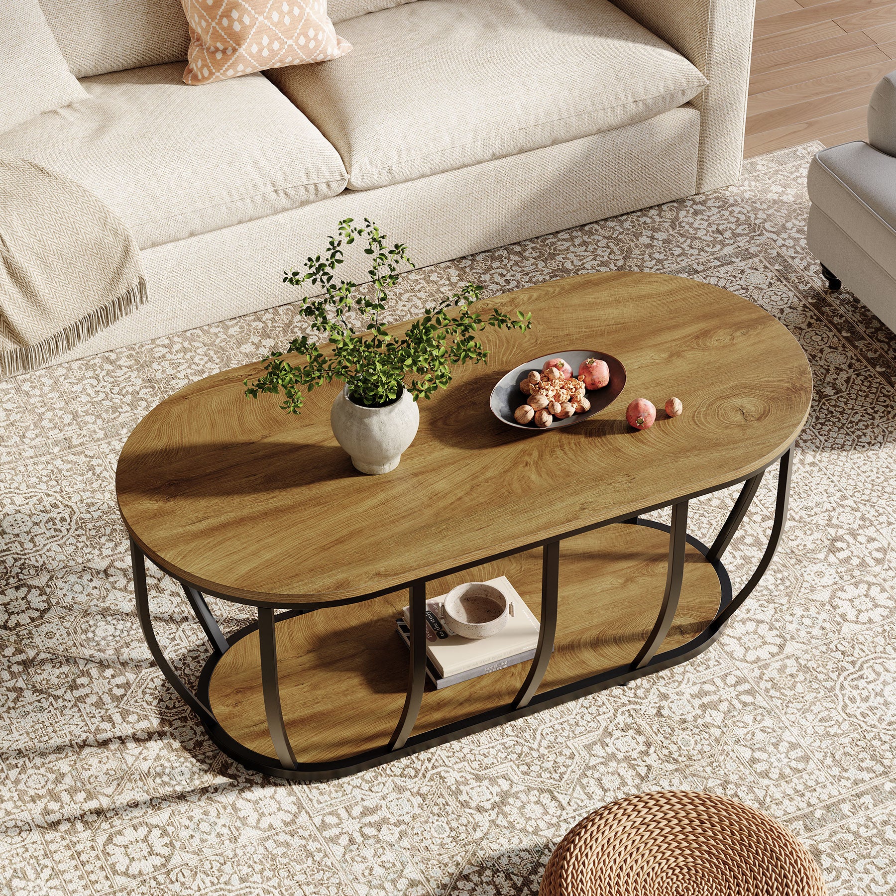 Tribesigns 47.2-Inch Oval Industrial Coffee Table, 2-Tier Wooden Center Table with Curved Metal Base - Image 10