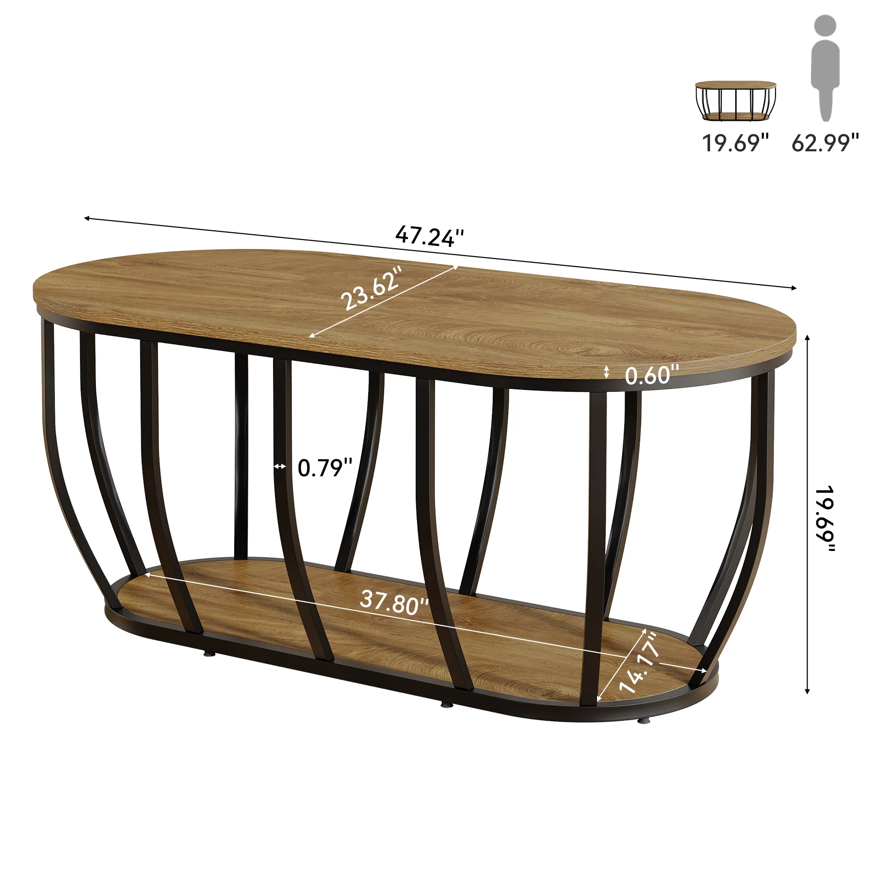 Tribesigns 47.2-Inch Oval Industrial Coffee Table, 2-Tier Wooden Center Table with Curved Metal Base - Image 2