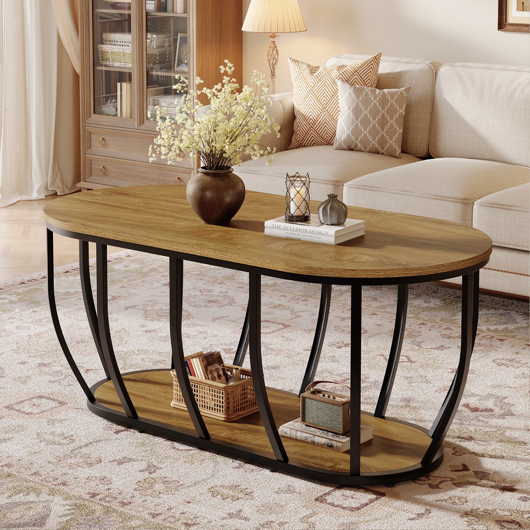 Tribesigns 47.2-Inch Oval Industrial Coffee Table, 2-Tier Wooden Center Table with Curved Metal Base - Image 3
