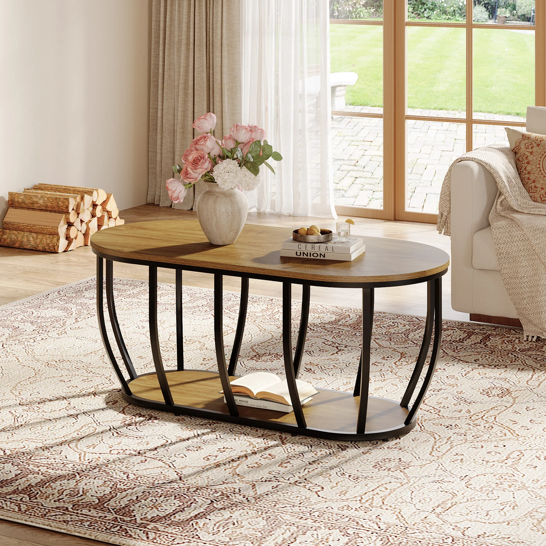 Tribesigns 47.2-Inch Oval Industrial Coffee Table, 2-Tier Wooden Center Table with Curved Metal Base - Image 4