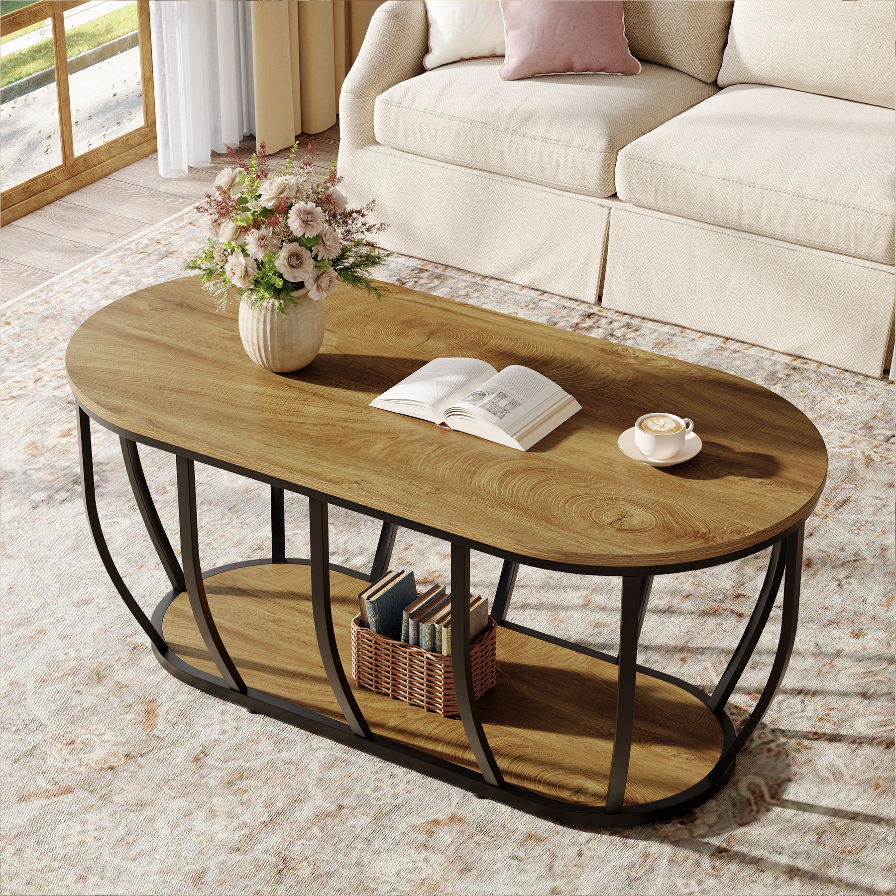 Tribesigns 47.2-Inch Oval Industrial Coffee Table, 2-Tier Wooden Center Table with Curved Metal Base - Image 5