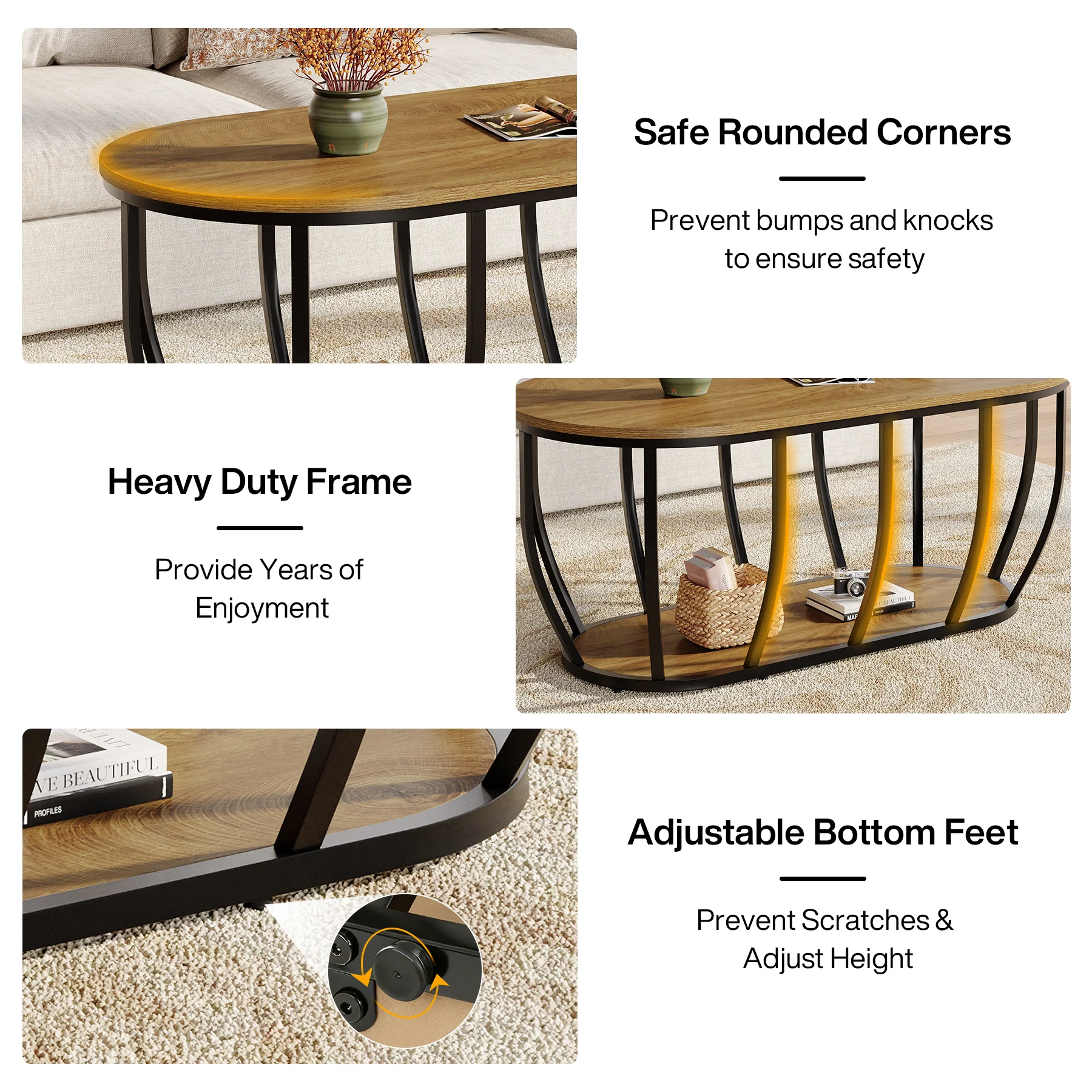 Tribesigns 47.2-Inch Oval Industrial Coffee Table, 2-Tier Wooden Center Table with Curved Metal Base - Image 7