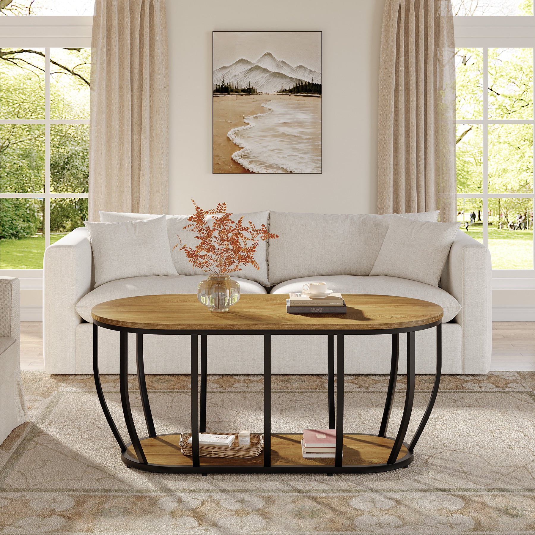 Tribesigns 47.2-Inch Oval Industrial Coffee Table, 2-Tier Wooden Center Table with Curved Metal Base - Image 8