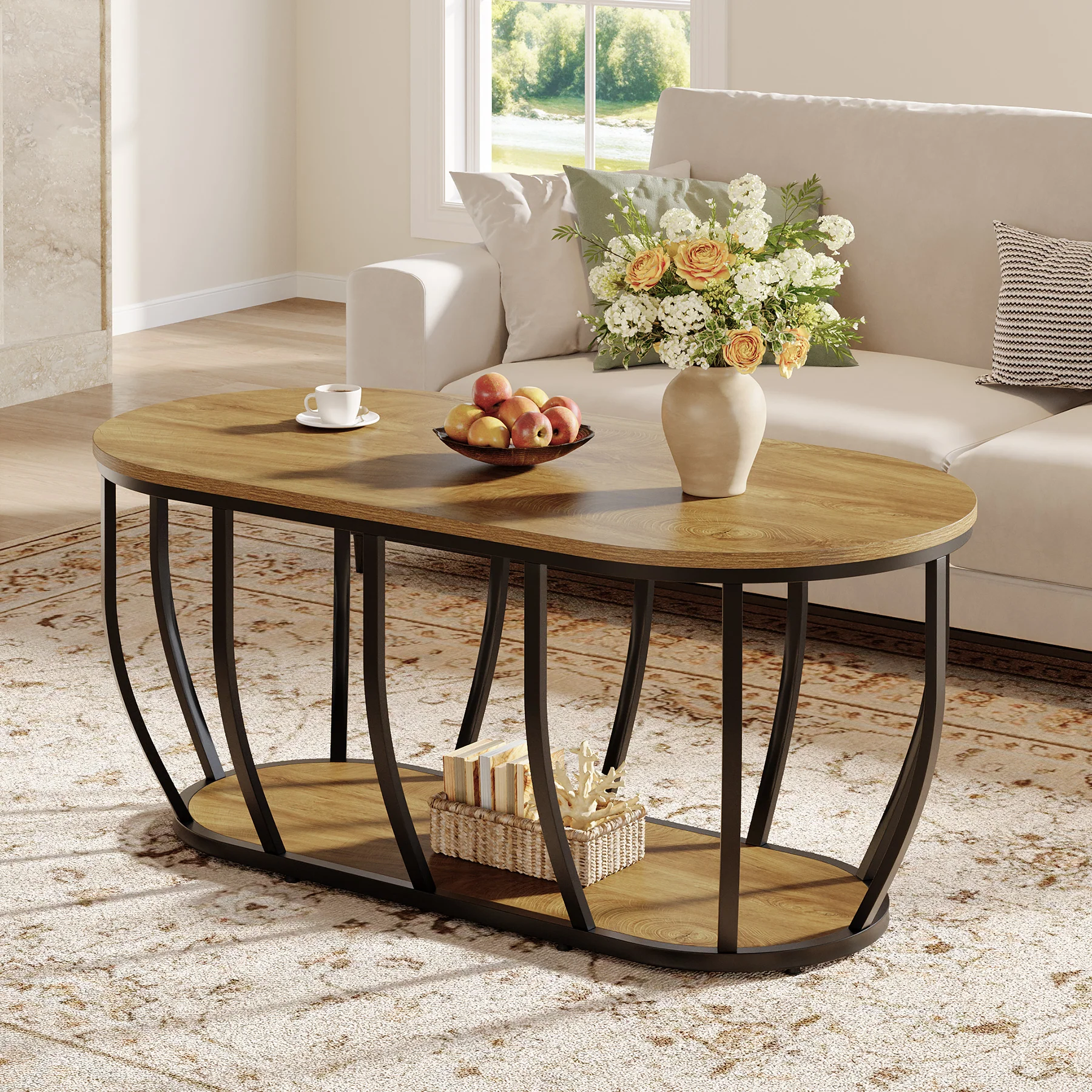Tribesigns 47.2-Inch Oval Industrial Coffee Table, 2-Tier Wooden Center Table with Curved Metal Base - Image 9