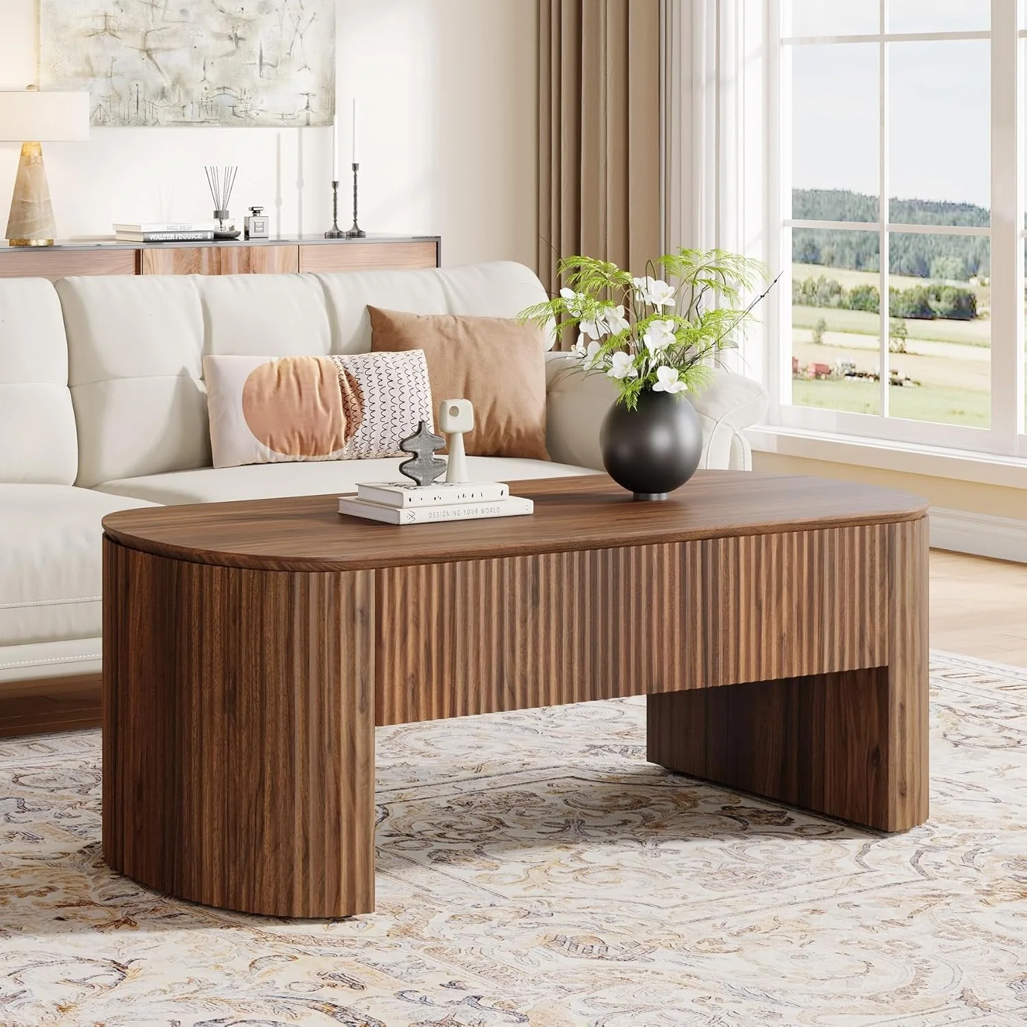 47-Inch Oval Lift Top Coffee Table, Rustic Brown with Storage Shelf and Hidden Compartment - Image 3