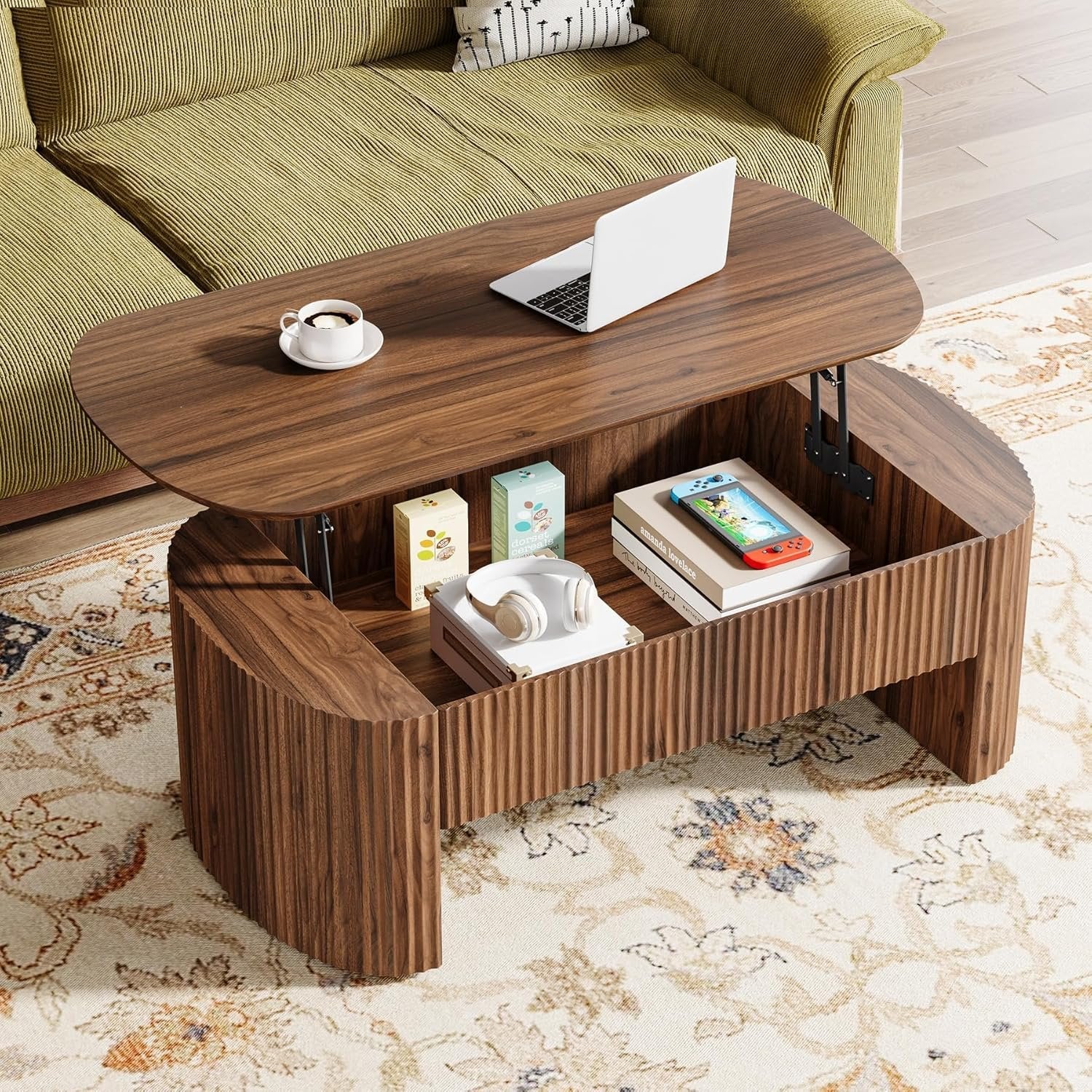 47-Inch Oval Lift Top Coffee Table, Rustic Brown with Storage Shelf and Hidden Compartment - Image 4