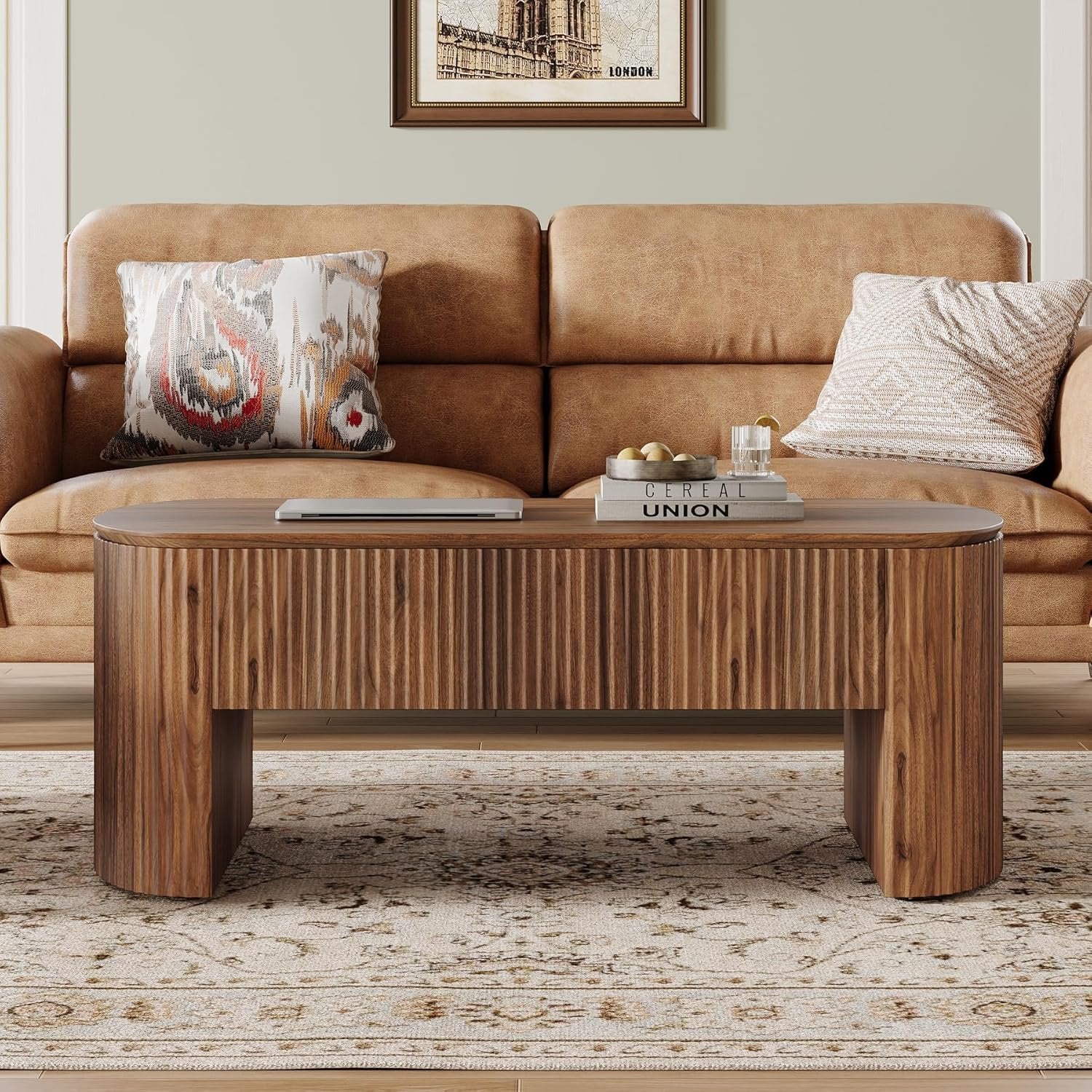 47-Inch Oval Lift Top Coffee Table, Rustic Brown with Storage Shelf and Hidden Compartment - Image 5