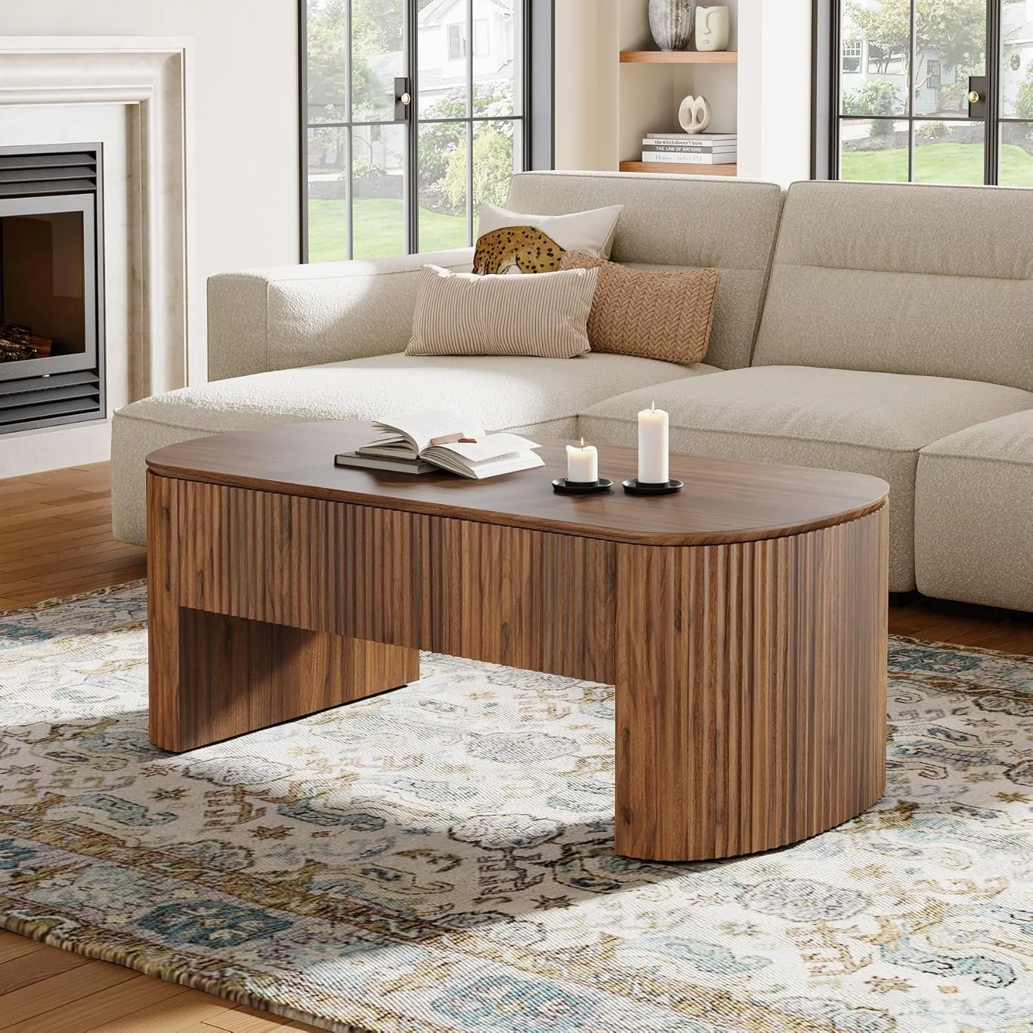 47-Inch Oval Lift Top Coffee Table, Rustic Brown with Storage Shelf and Hidden Compartment - Image 8