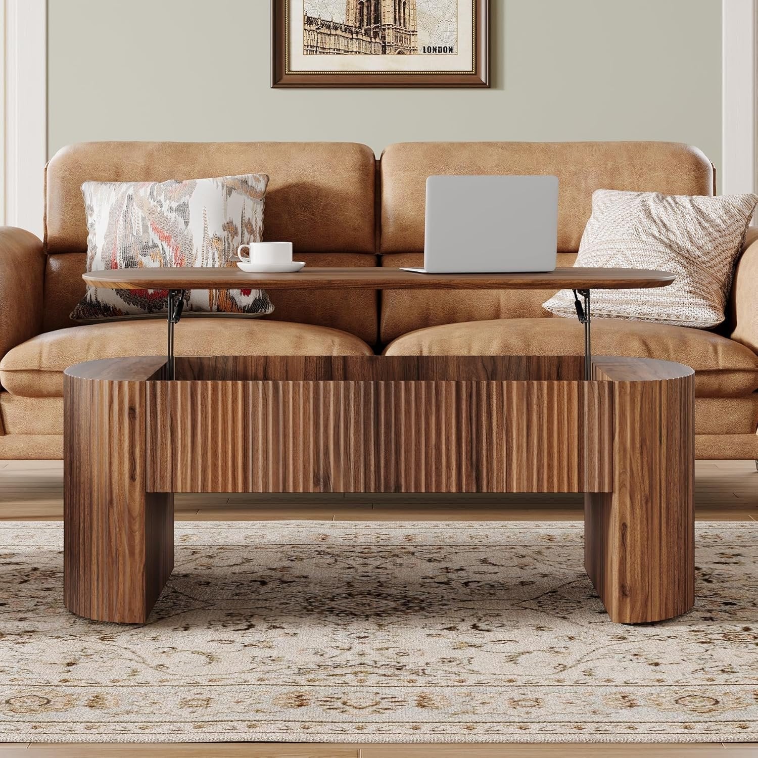 47-Inch Oval Lift Top Coffee Table, Rustic Brown with Storage Shelf and Hidden Compartment - Image 9