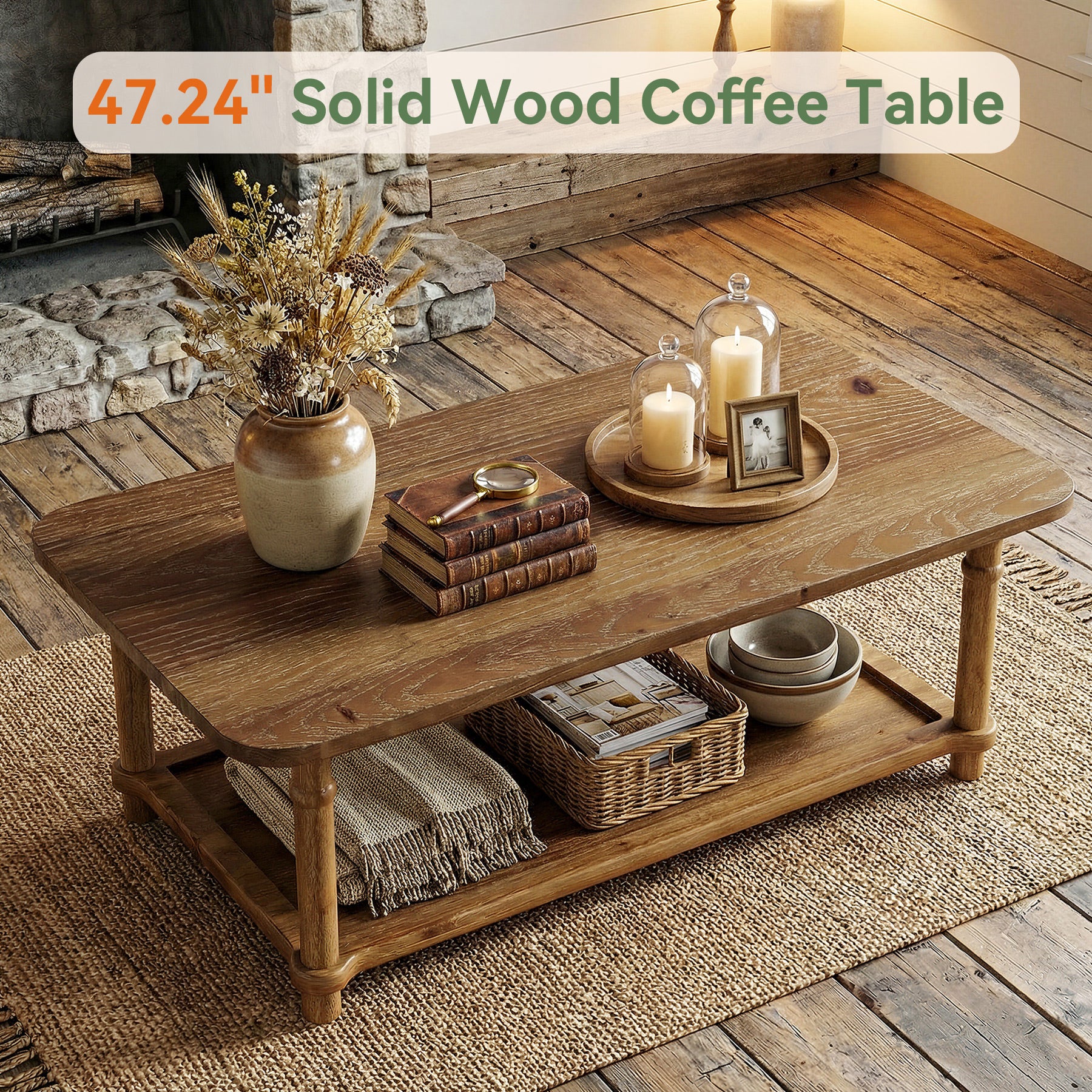 47-Inch Rectangle Coffee Table, Solid Wood 2-Tier Storage Table for Living Room - Image 3