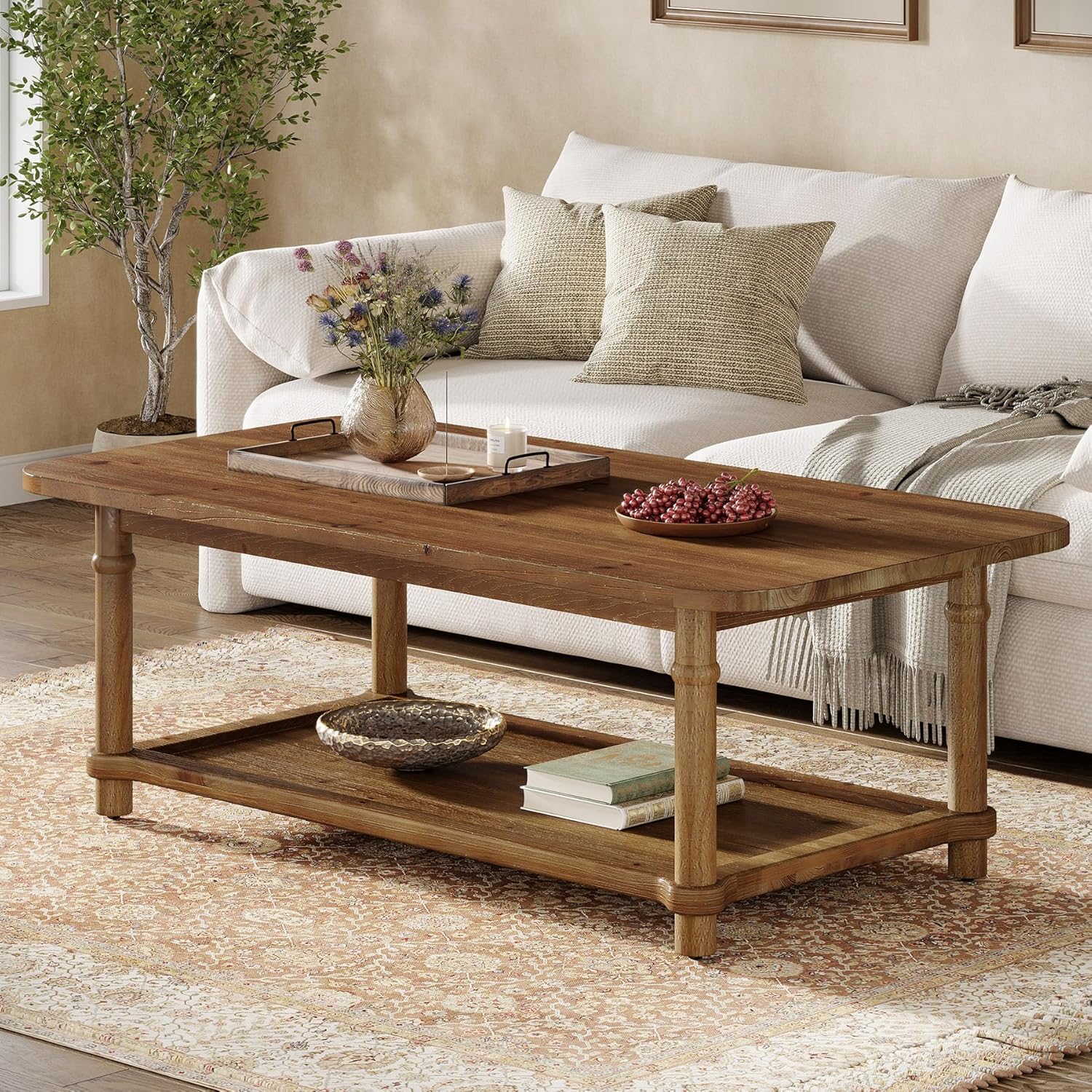 47-Inch Rectangle Coffee Table, Solid Wood 2-Tier Storage Table for Living Room - Image 5