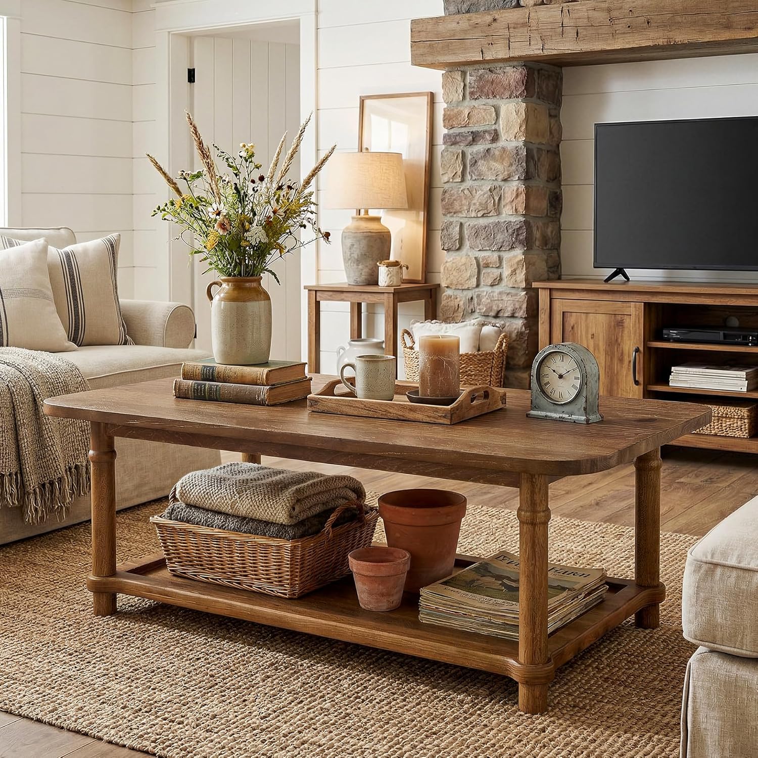 47-Inch Rectangle Coffee Table, Solid Wood 2-Tier Storage Table for Living Room - Image 6