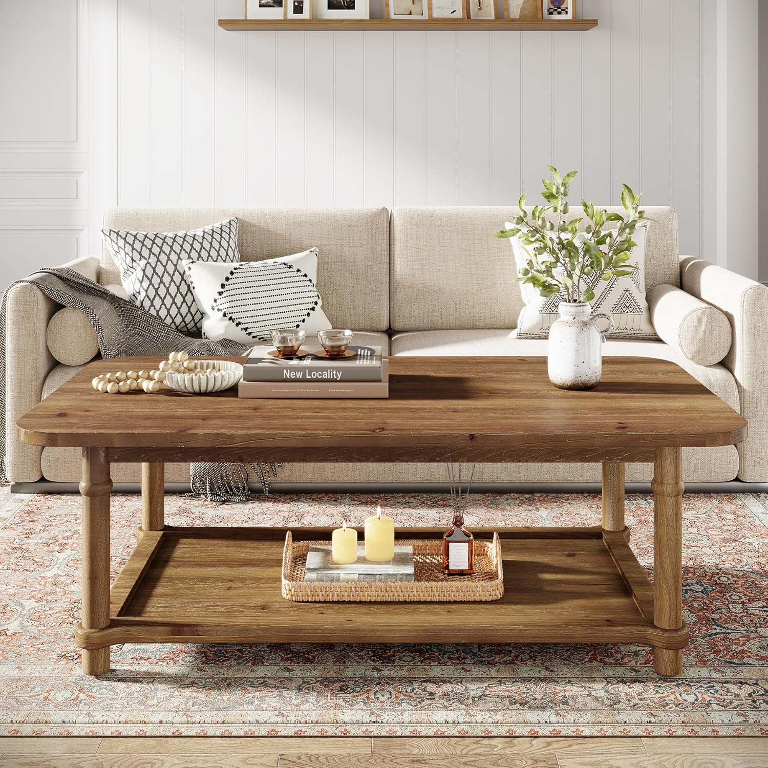 47-Inch Rectangle Coffee Table, Solid Wood 2-Tier Storage Table for Living Room - Image 7
